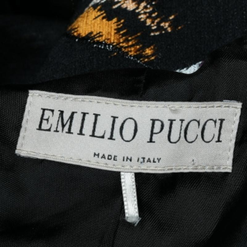Emilio Pucci Schwarzer Blatt-Jacquard-Mantel mit Knopfleiste in Übergröße S im Angebot 1