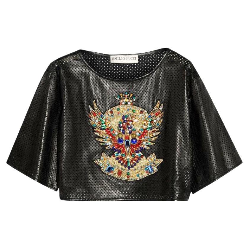 Emilio Pucci Black Leather Embellished Crop Top as seen on JLO Italian 44 For Sale