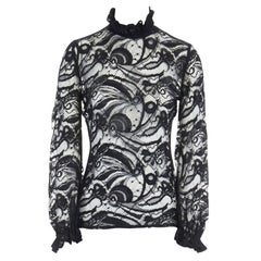 EMILIO PUCCI black mock collar ruffle cuff sheer floral lace long sleeve top S