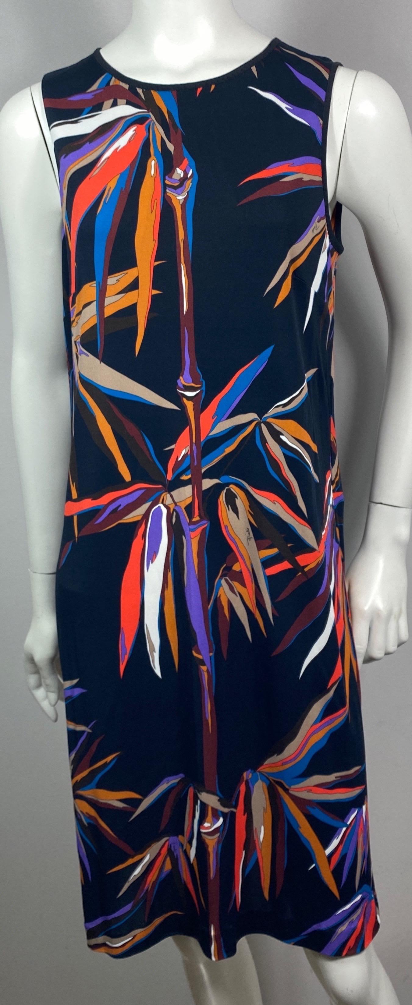 Emilio Pucci Black/Multi Abstract Silk Blend Sleeveless Shift Dress-US Size 10  This beautiful Pucci abstract print sleeveless shift is made of a silk blend, round neckline with a .25” black silk trim around the armhole and neckline. The back of the