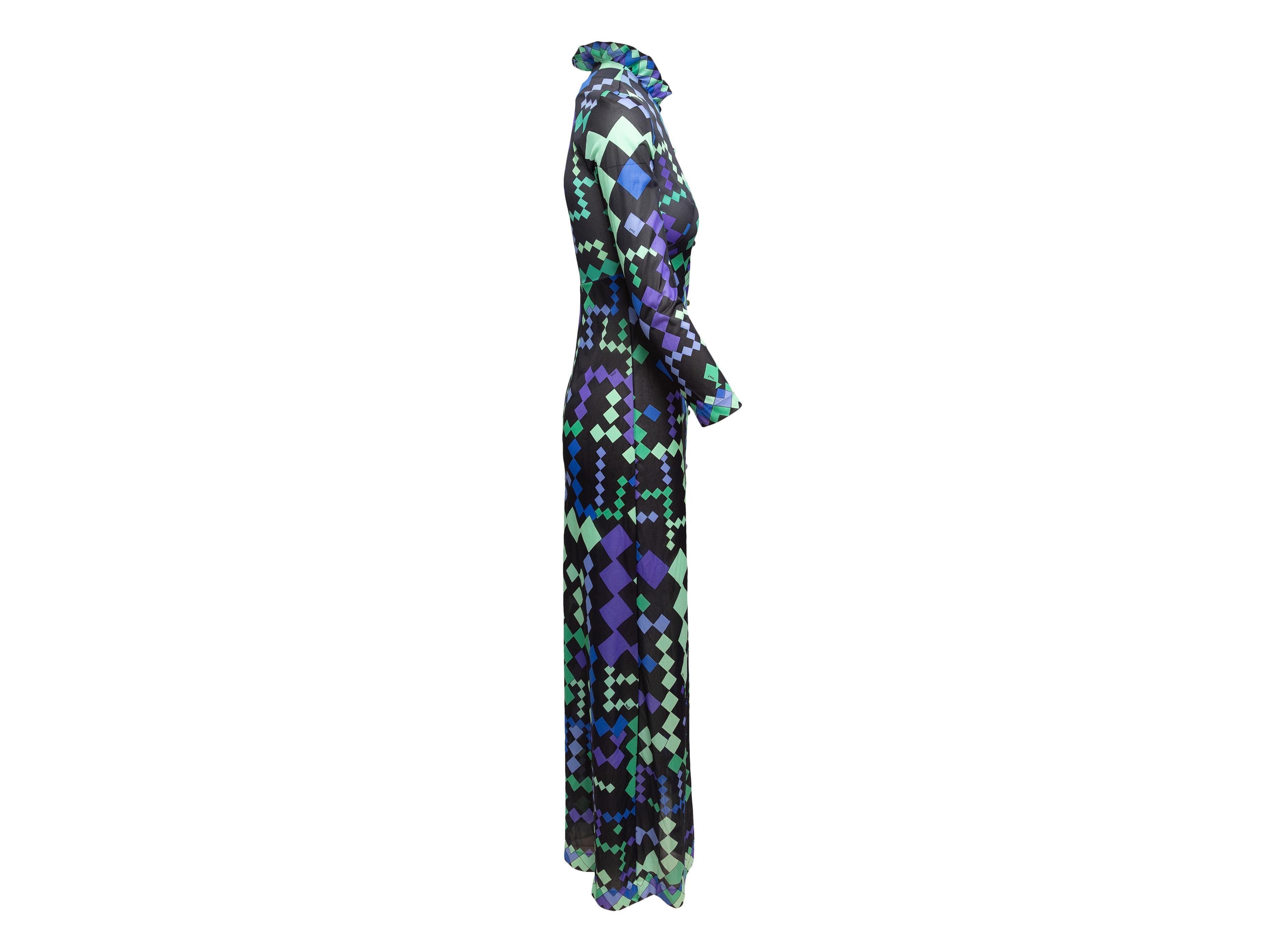 Product details: Vintage black and multicolor long sleeve maxi nightgown by Emilio Pucci. Geometric print throughout. High ruffle collar. Button closures at center front. Designer size P. 31