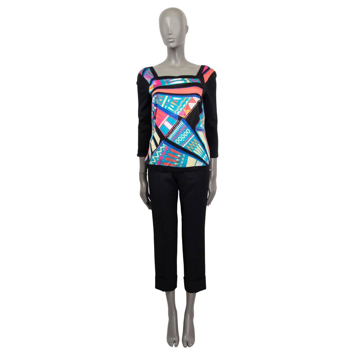 100% authentic Emilio Pucci top in mulitcolored printed silk twill (with 6% elastane) Features a square-neck and knitted sleeves in black silk (59%) and cotton (41%). Brand new with tag.

Measurements
Tag Size	44
Size	L
Shoulder Width	42cm