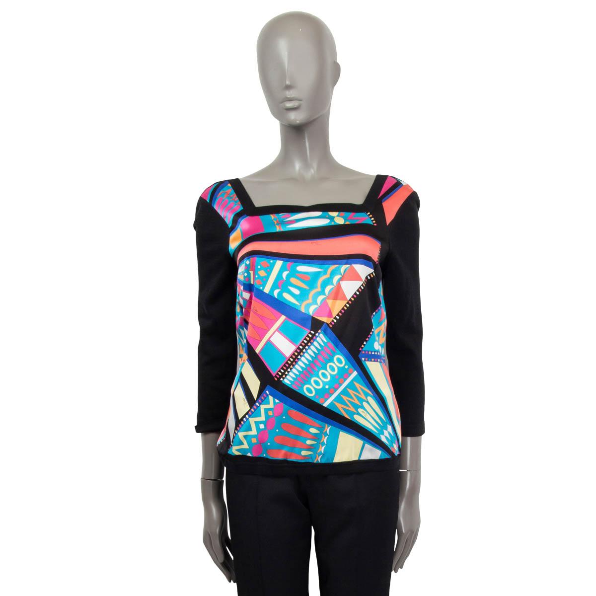 Black EMILIO PUCCI black & multicoloured silk TWILL & KNIT Top Shirt 44 L For Sale