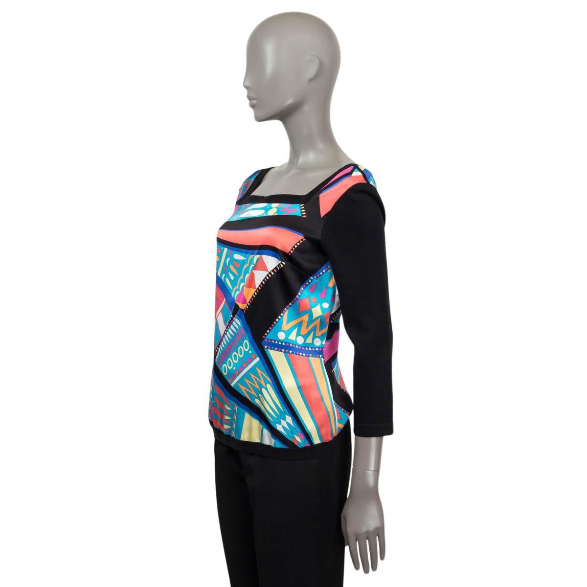 EMILIO PUCCI black & multicoloured silk TWILL & KNIT Top Shirt 44 L In New Condition For Sale In Zürich, CH