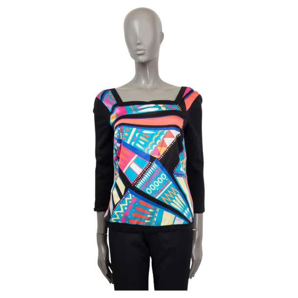 EMILIO PUCCI black and multicoloured silk TWILL and KNIT Top Shirt 44 L ...