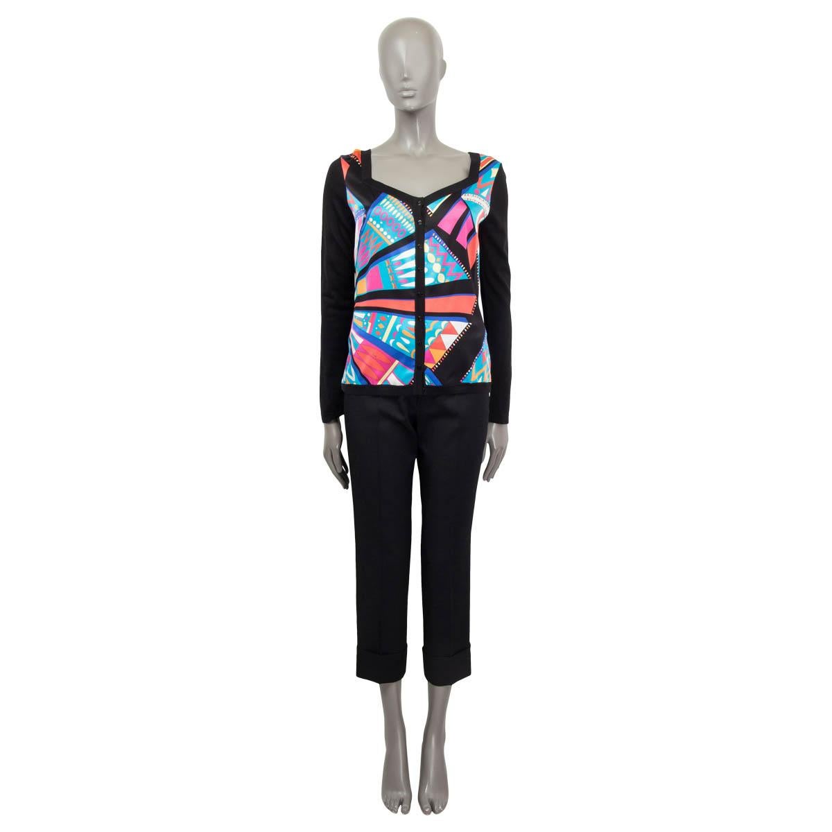 100% authentic Emilio Pucci cardigan in red, blue, black, orange, white and pink colored silk (94%) and elastane (6%). Features a boatneck-like V-neckline, knitted sleeves in black silk (59%) and cotton (41%). Opens with black buttons in the front.