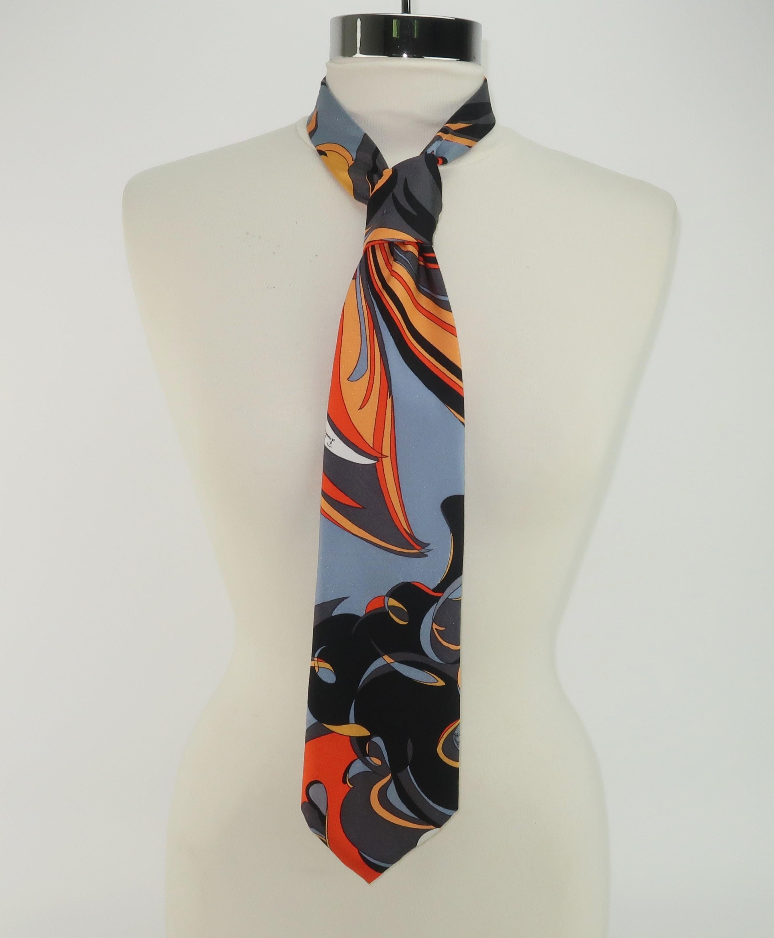 Emilio Pucci Black & Orange Psychedelic Silk Men’s Neck Tie Necktie, 1970's 6