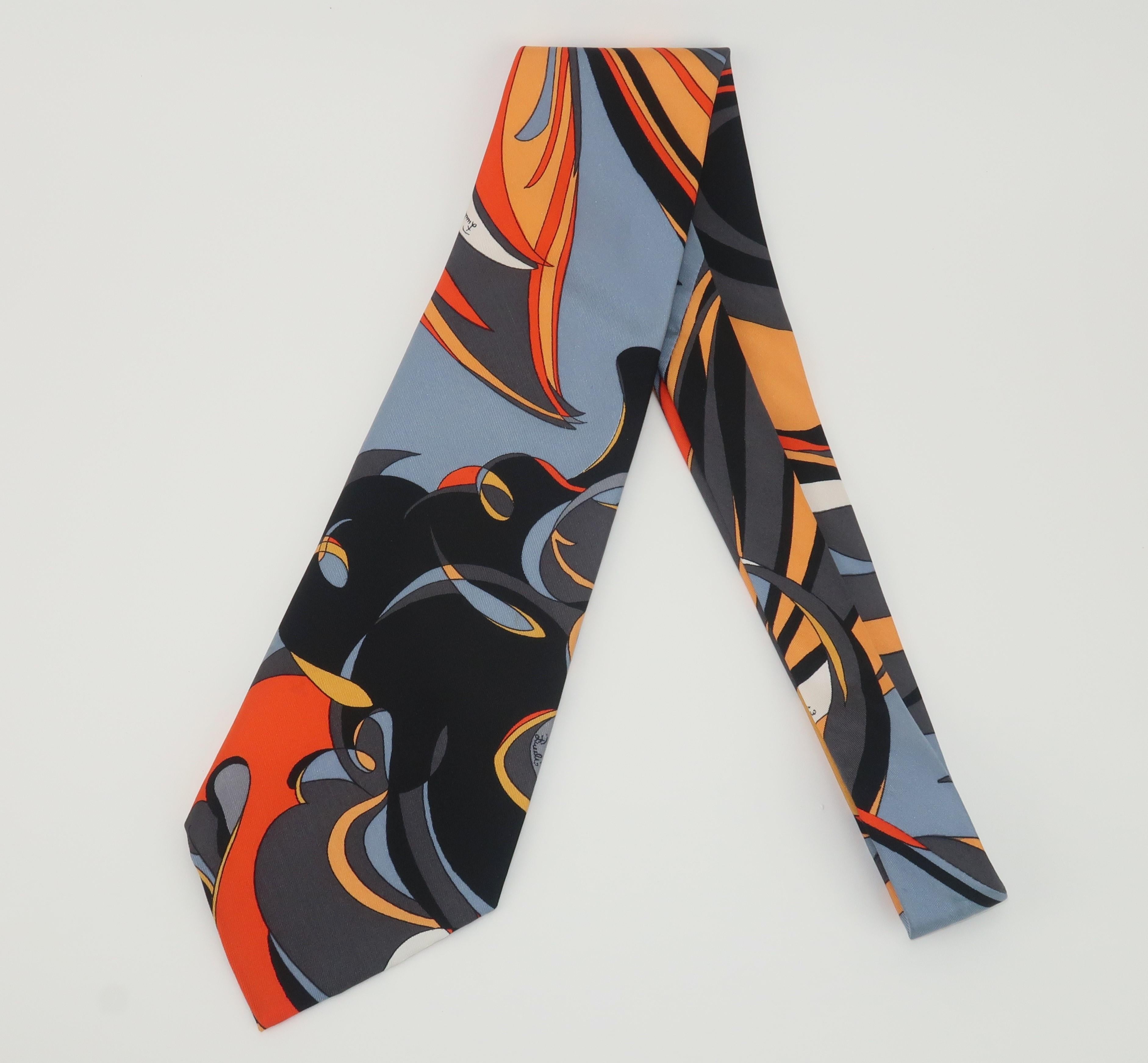 Emilio Pucci Black & Orange Psychedelic Silk Men’s Neck Tie Necktie, 1970's In Good Condition In Atlanta, GA