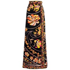 EMILIO PUCCI 1972 Black Orange Yellow Signature Floral Print Velvet Maxi Skirt