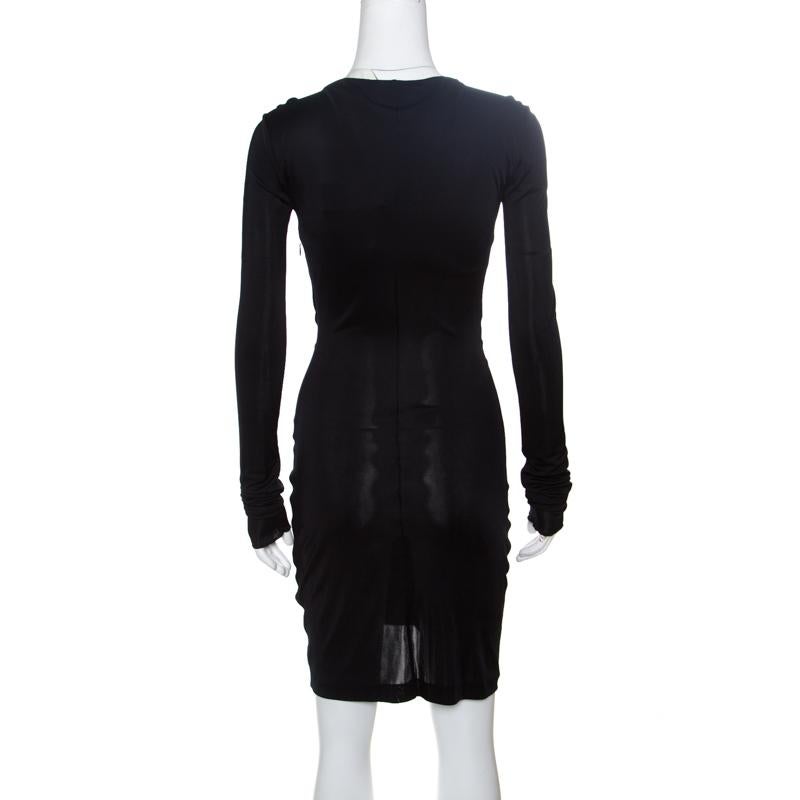 Emilio Pucci Black Ruched Jersey Rhinestone Embellished Long Sleeve Dress S In Good Condition In Dubai, Al Qouz 2