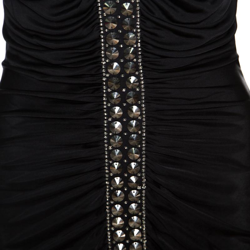 Women's Emilio Pucci Black Ruched Jersey Rhinestone Embellished Long Sleeve Dress S