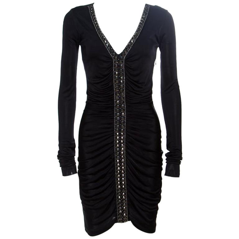 Emilio Pucci Black Ruched Jersey Rhinestone Embellished Long Sleeve Dress S