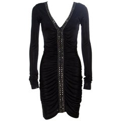 Emilio Pucci Black Ruched Jersey Rhinestone Embellished Long Sleeve Dress S