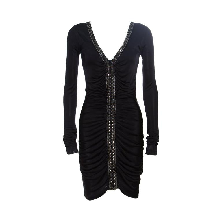 Emilio Pucci Black Ruched Jersey Rhinestone Embellished Long Sleeve Dress S
