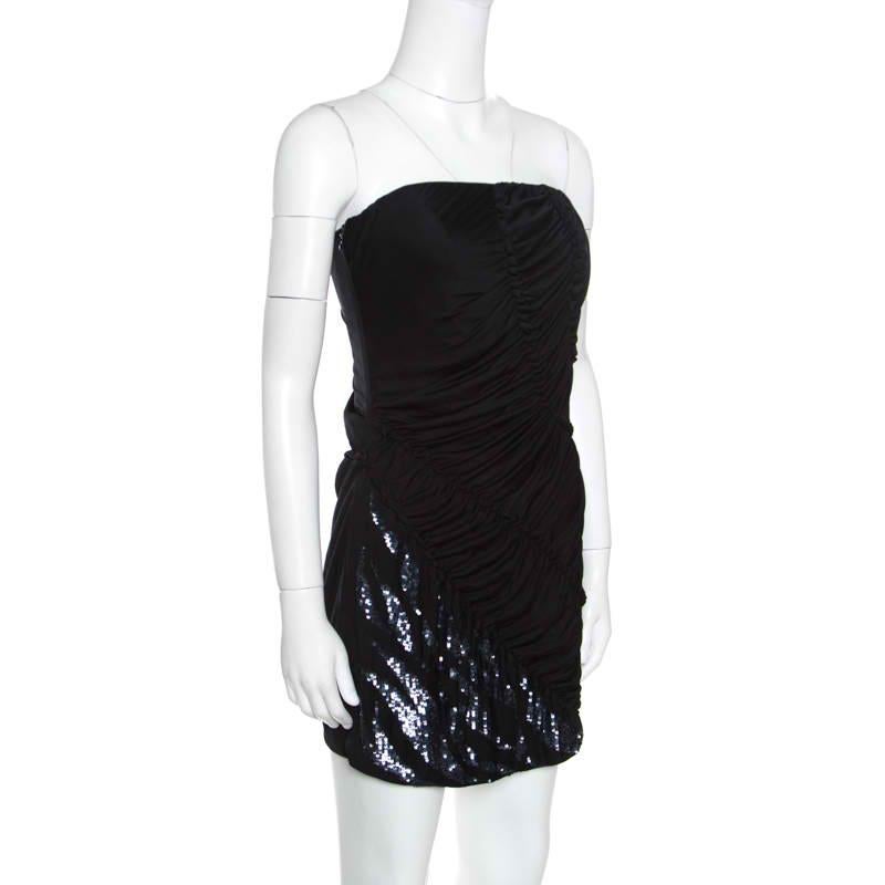 Emilio Pucci Black Sequin Embellished Ruched Strapless Dress M In Good Condition In Dubai, Al Qouz 2
