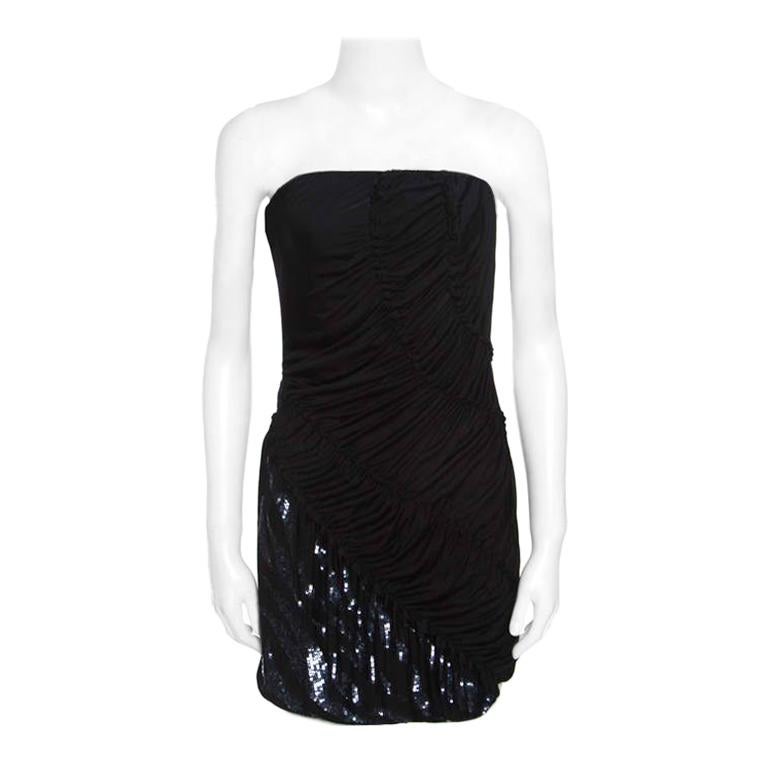 Emilio Pucci Black Sequin Embellished Ruched Strapless Dress M