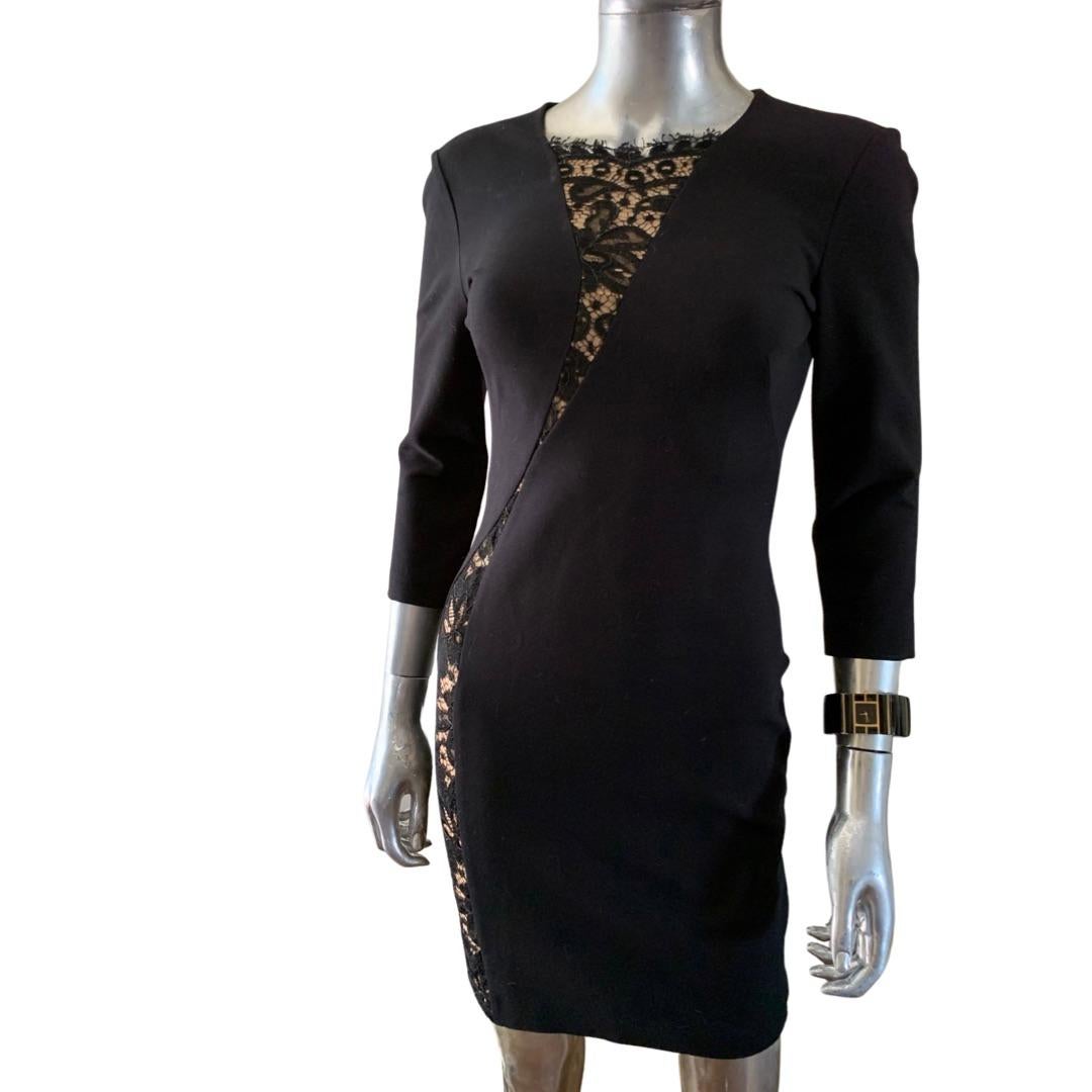 Emilio Pucci Black Sheer Illusion Lace Inset Stretch Cocktail Dress Italy Size 4 In Good Condition For Sale In Palm Springs, CA