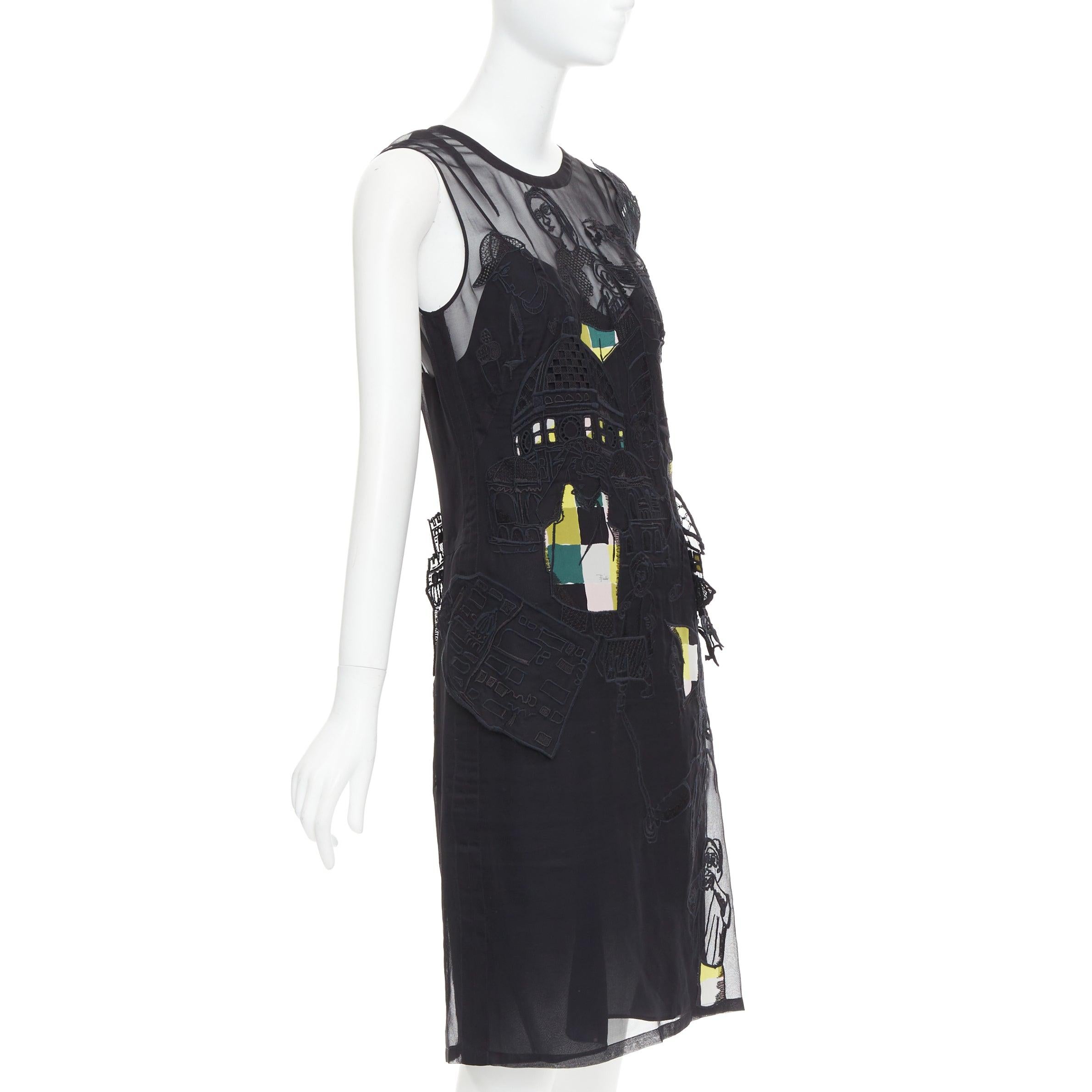 Black EMILIO PUCCI black sheer people embroidered colorful inserts sheer dress IT40 S For Sale