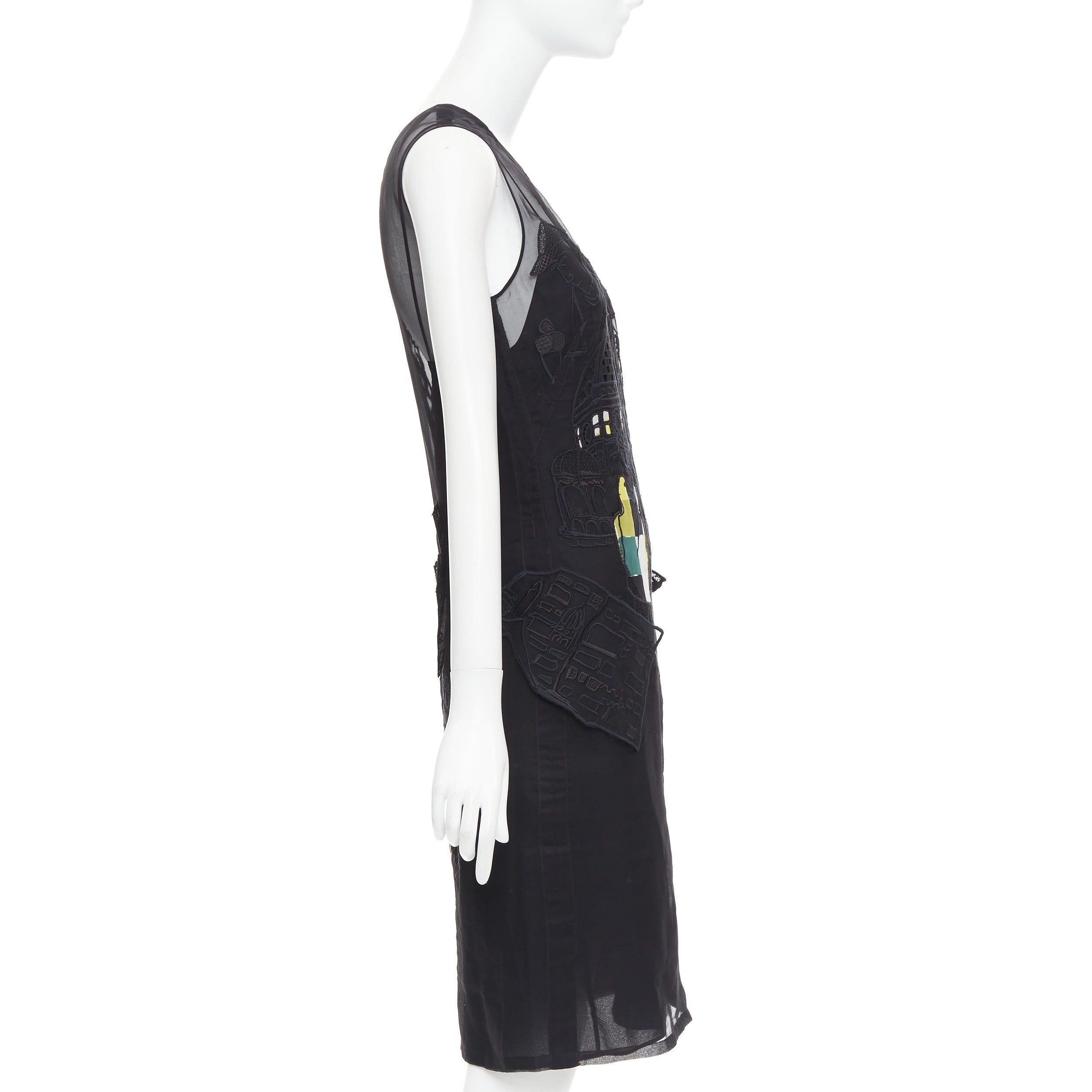 EMILIO PUCCI black sheer people embroidered colorful inserts sheer dress IT40 S In Excellent Condition For Sale In Hong Kong, NT
