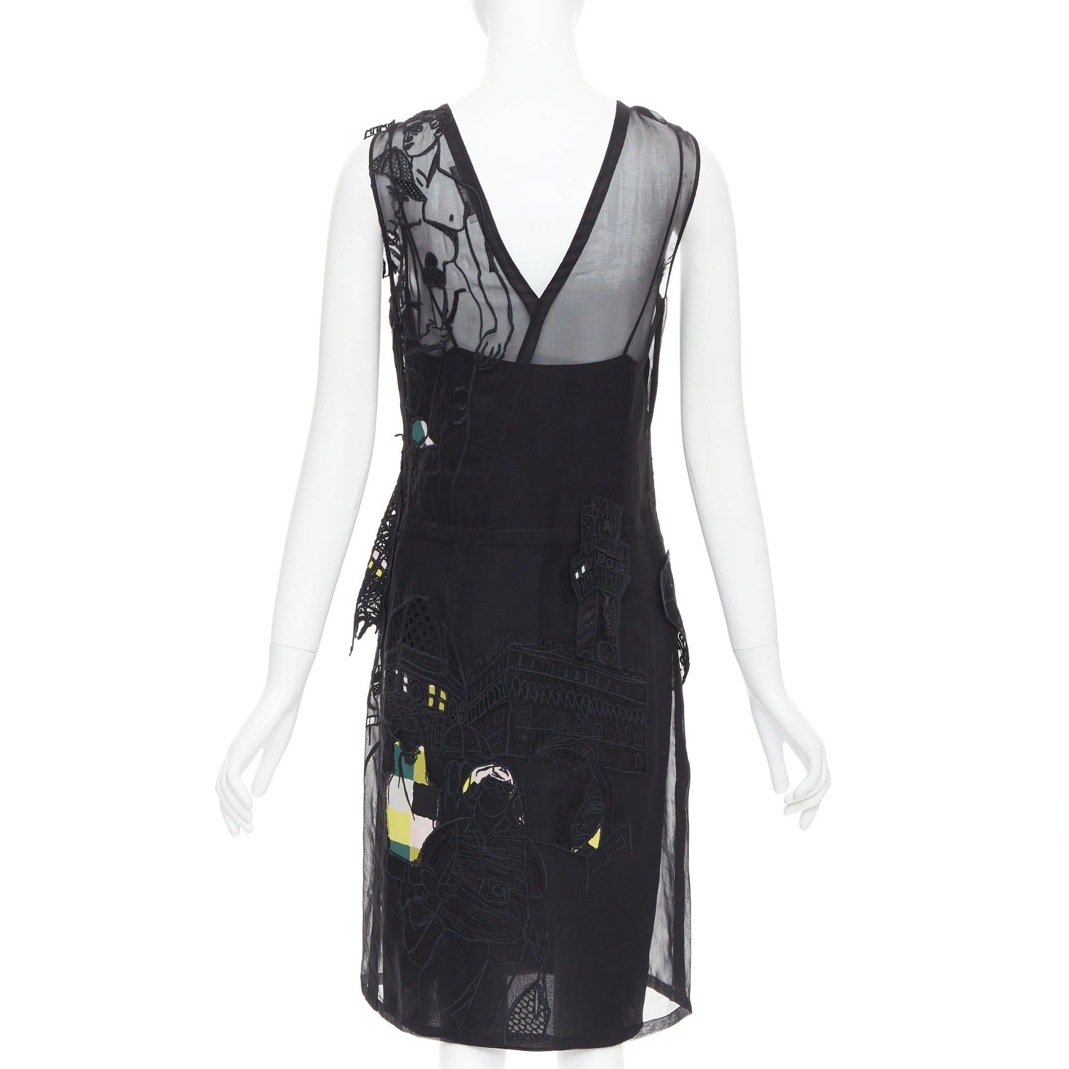 Women's EMILIO PUCCI black sheer people embroidered colorful inserts sheer dress IT40 S For Sale