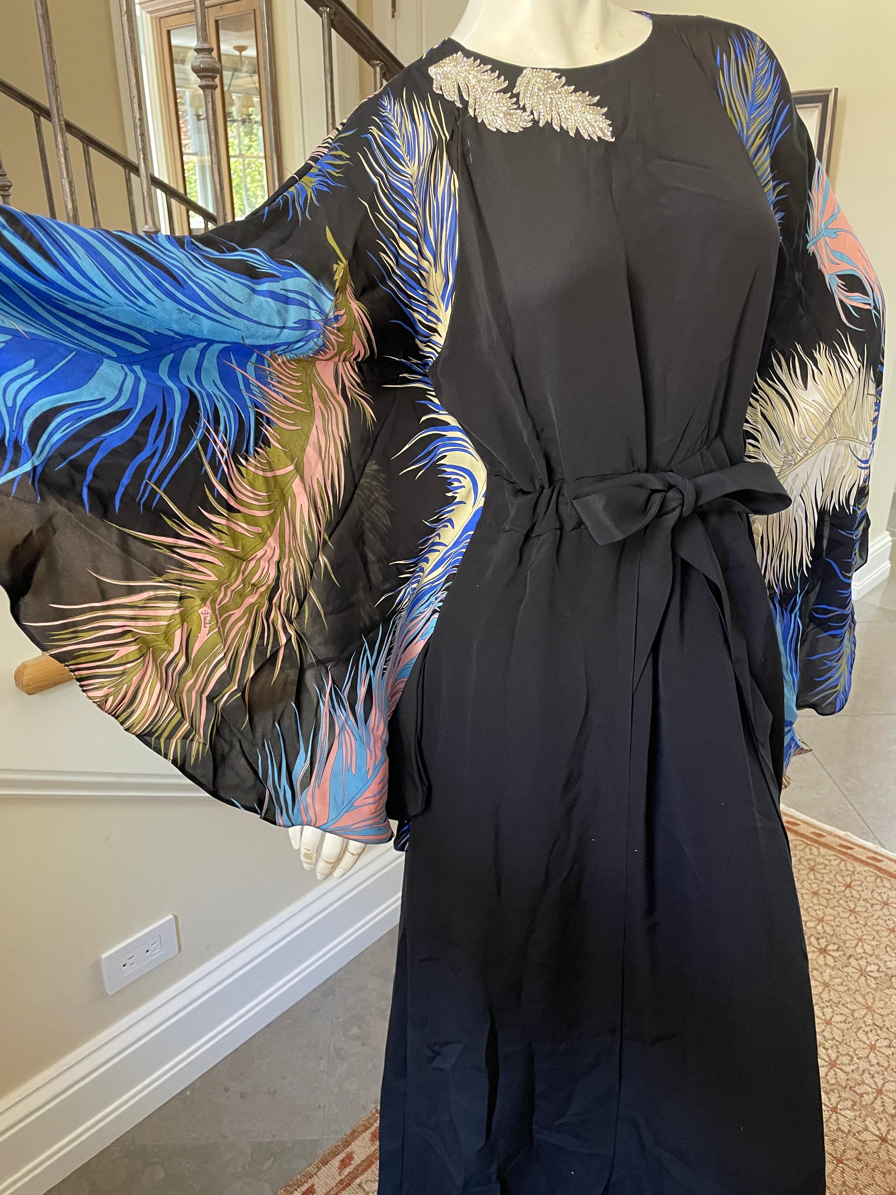 Emilio Pucci Black Silk Dress w Feather Print Angel Sleeves & Jeweled Feather's.
Angel wing feather print sleeves and silver jeweled feathers, like antique dress clips at the collar.
So pretty, please use the zoom feature to see details.
Size  US