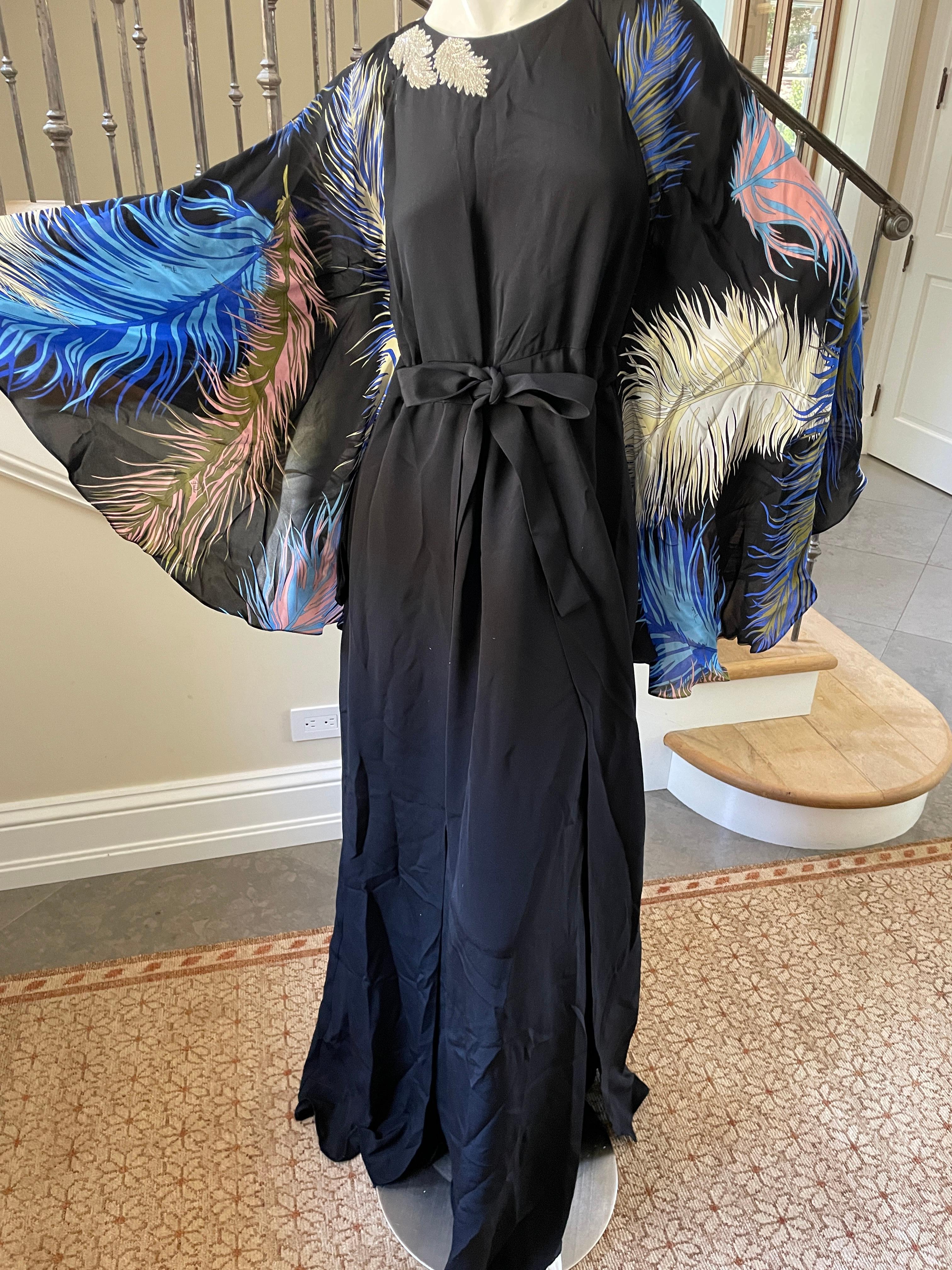 Emilio Pucci Black Silk Feather Print Angel Sleeve Dress Jeweled Feather 