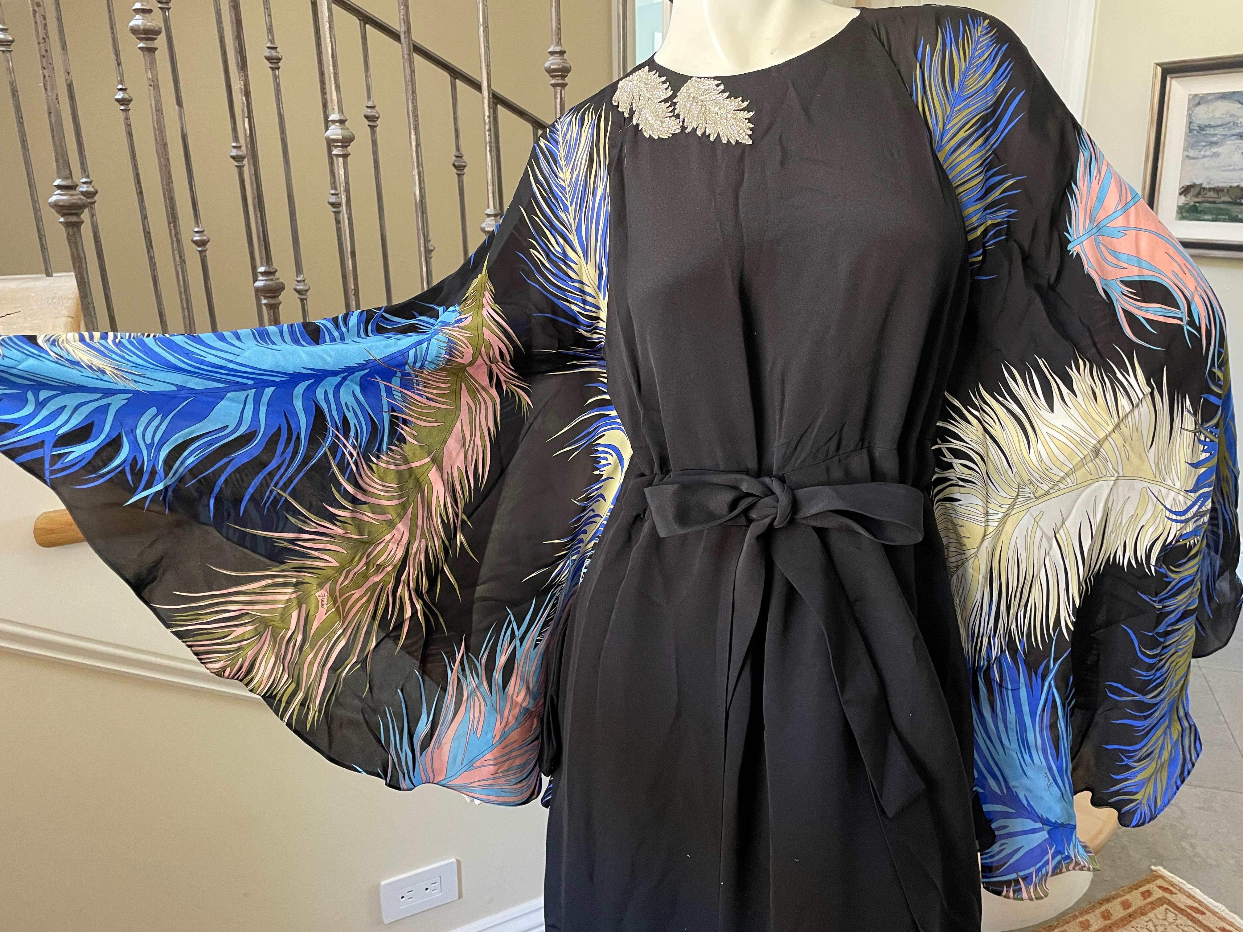 Emilio Pucci Black Silk Feather Print Angel Sleeve Dress Jeweled Feather 