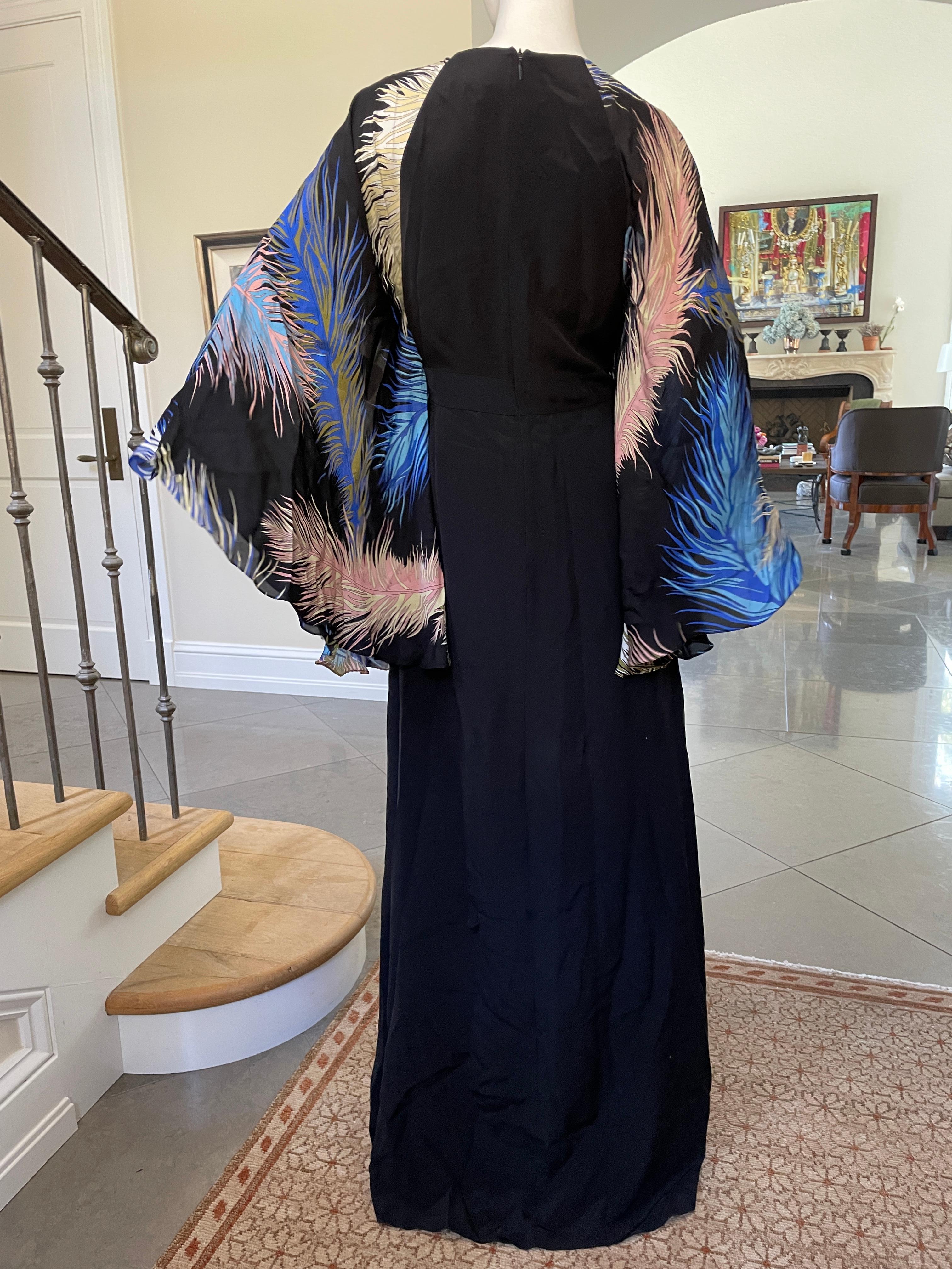 Emilio Pucci Black Silk Feather Print Angel Sleeve Dress Jeweled Feather 