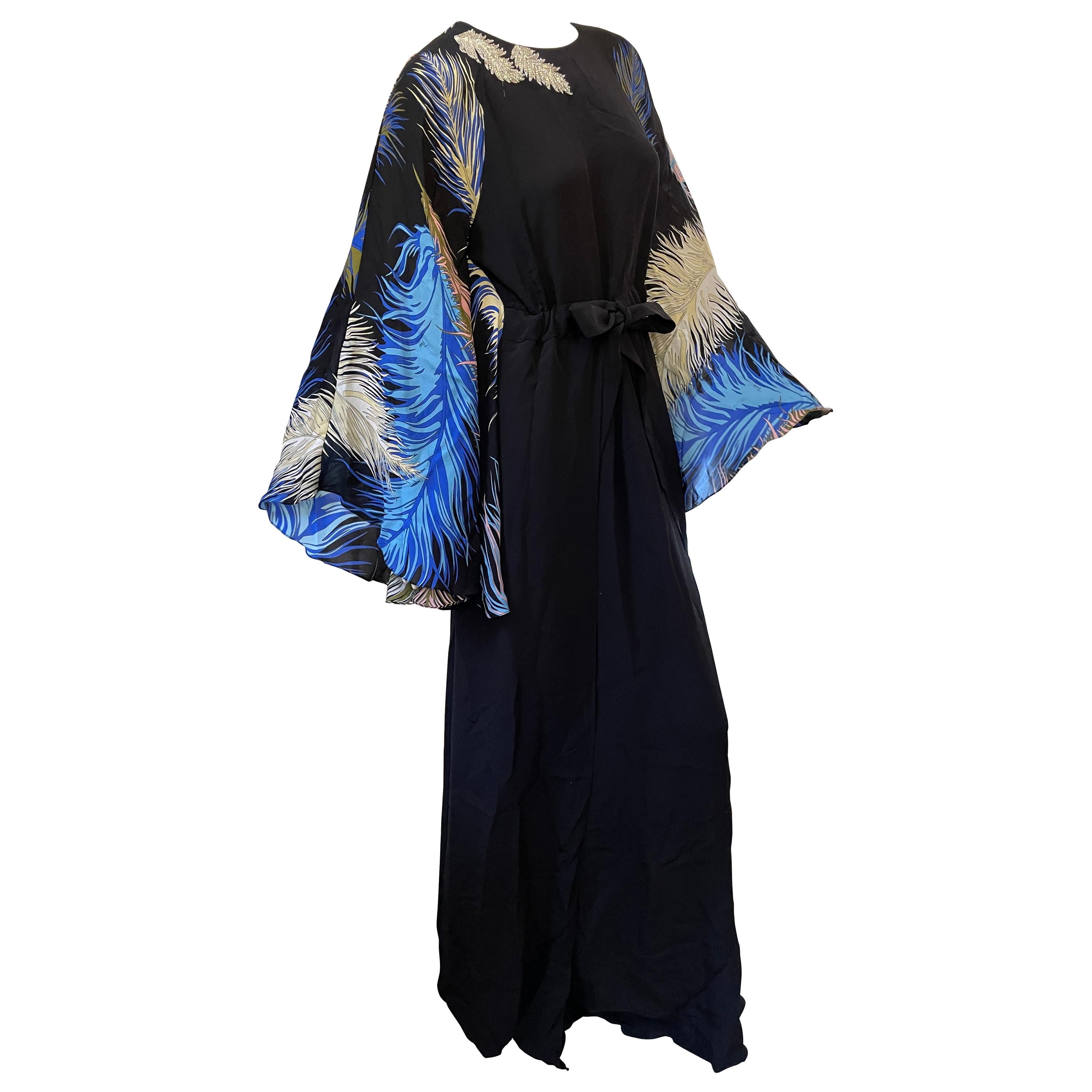 Emilio Pucci Black Silk Feather Print Angel Sleeve Dress Jeweled Feather "Clips" For Sale