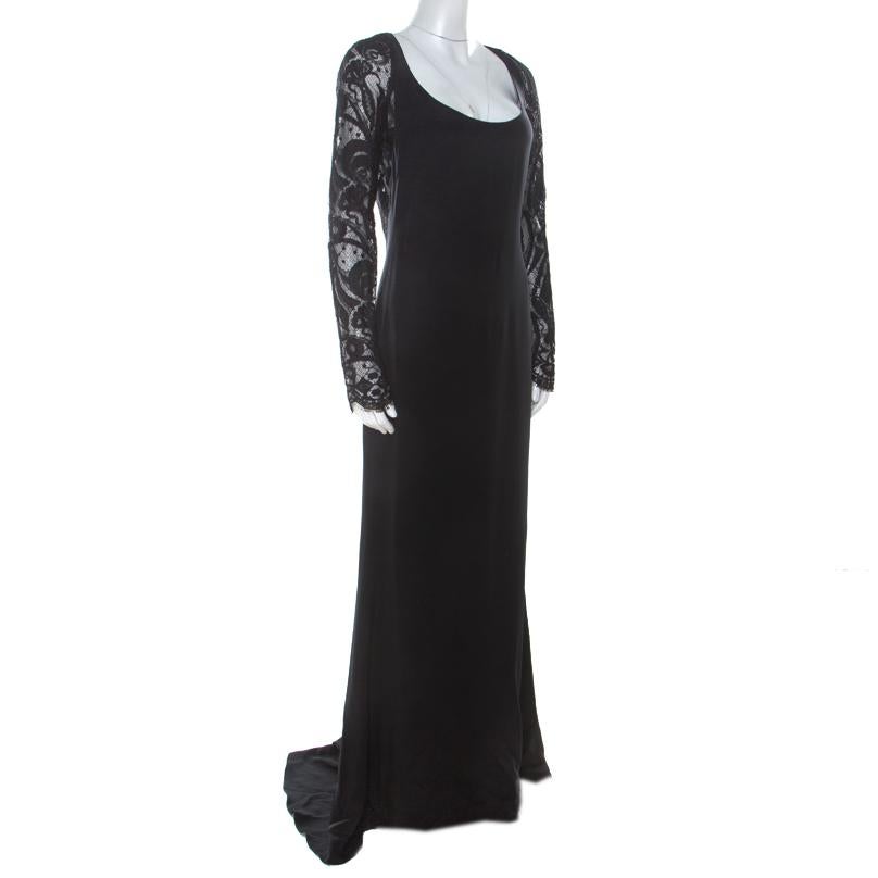 Emilio Pucci Black Silk Guipure Lace Detail Evening Dress M In Good Condition In Dubai, Al Qouz 2
