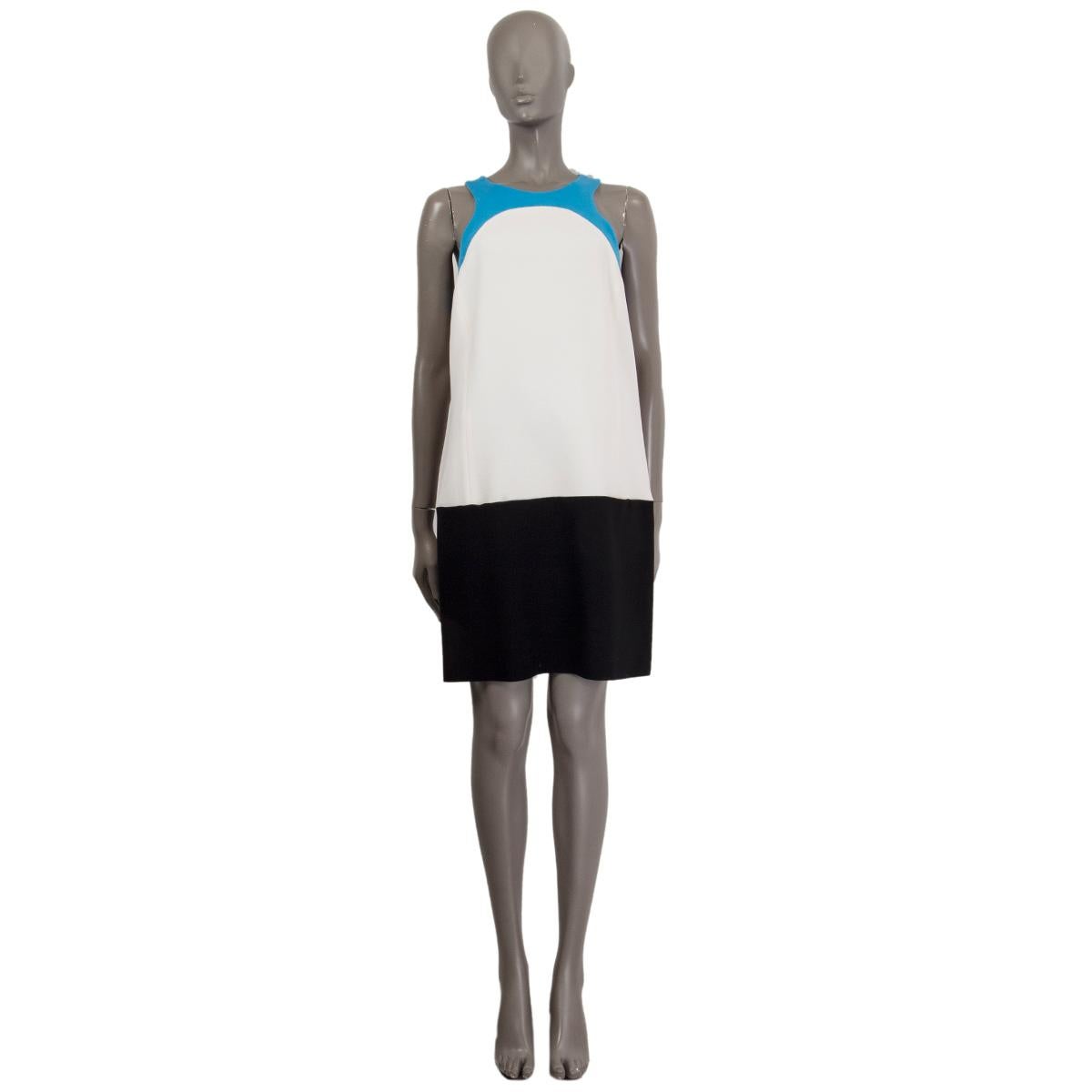 100% authentic Emilio Pucci sleeveless color-block shift dress in sky blue, off-white and black stretch wool (with 2% elastane). Opens with a zipper in the back. Lined in viscose (100%). Has been worn and is in excellent condition.

2012