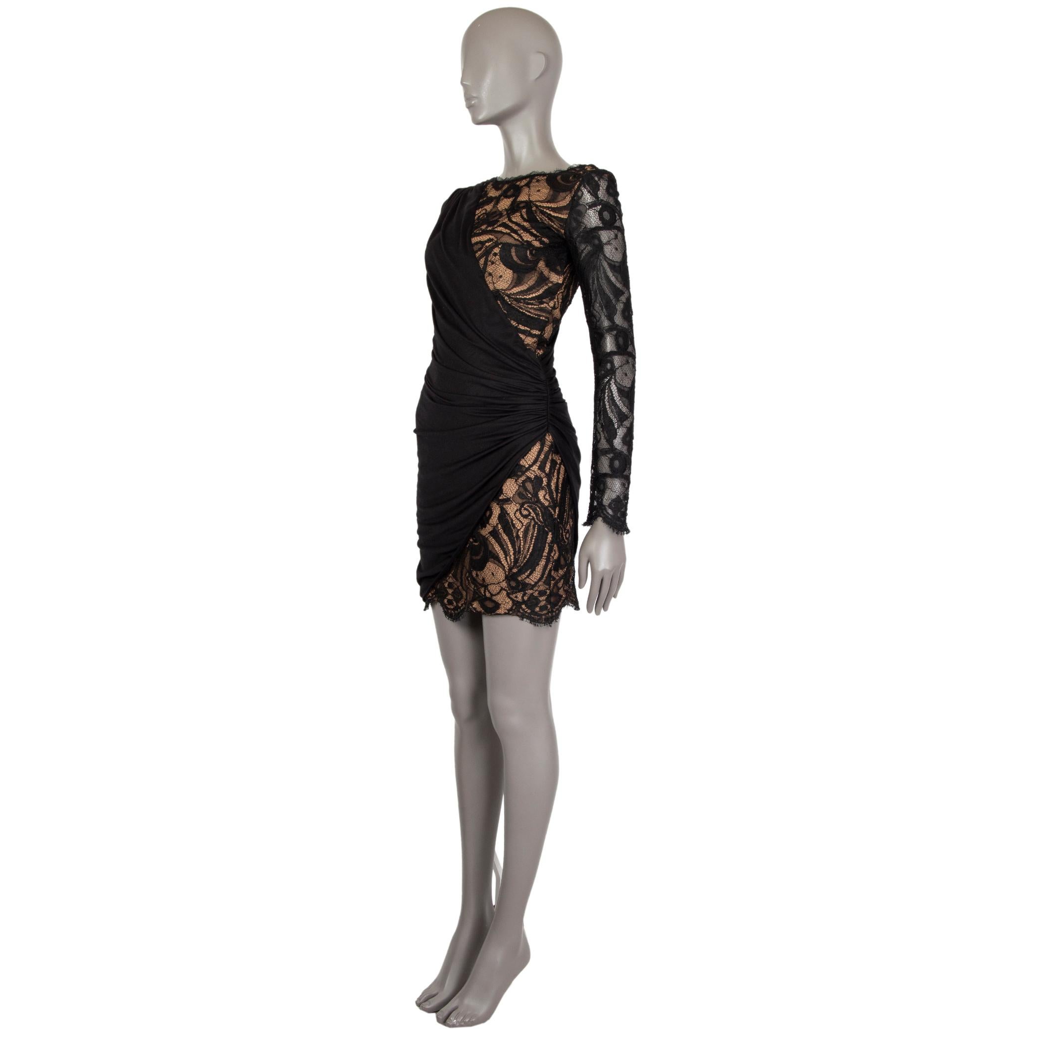 100% authentic Emilio Pucci long sleeve draped bodycon dress in black and nude wool jersey (96%) elastane (4%) with a jewel-neck. Trim is viscose (75%) and Polyamide (25%). Closes on the side with a concealed zipper. Lined in nude silk (100%). Has