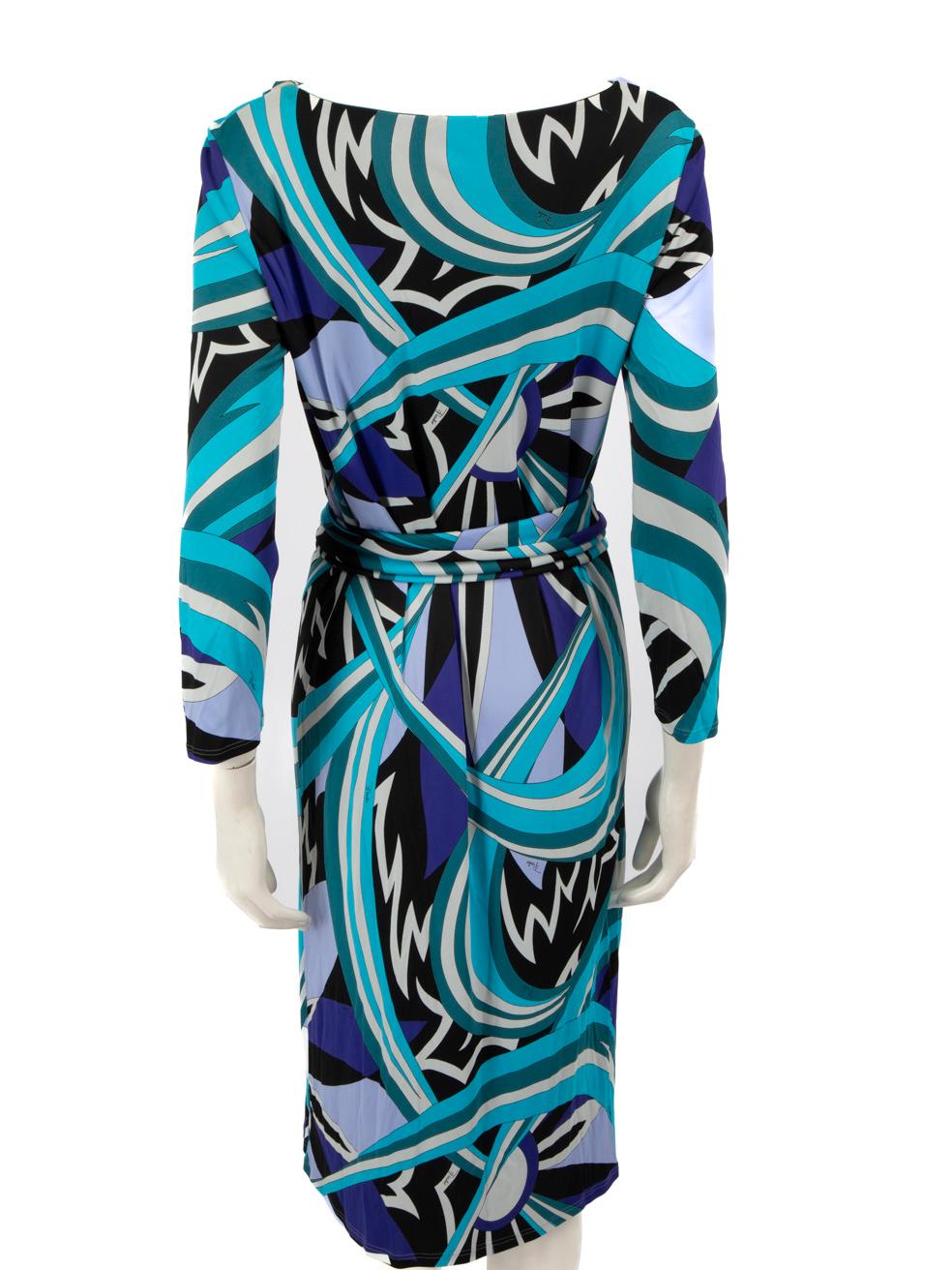 Emilio Pucci Blue Abstract Belted Midi Dress Size XXL In Good Condition In London, GB