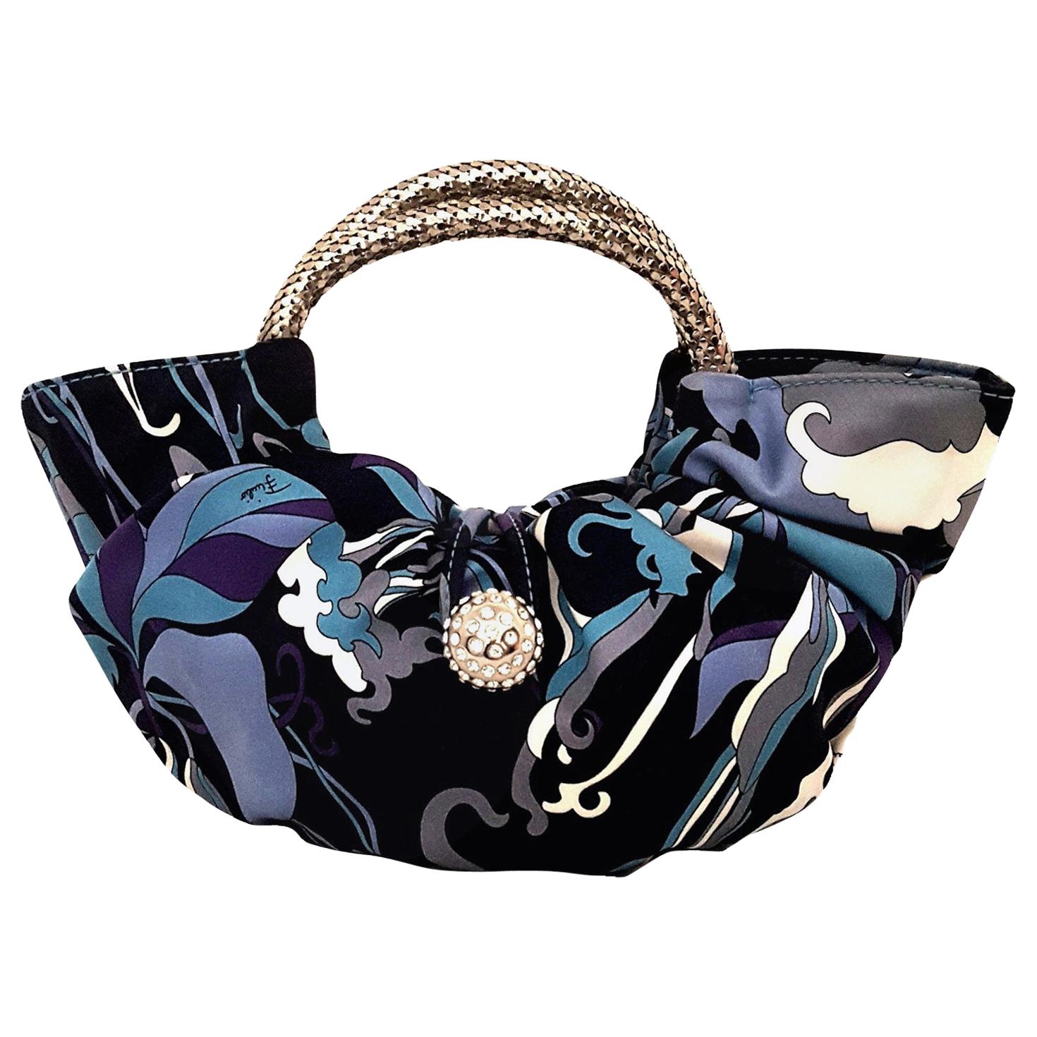 Emilio Pucci Blue Abstract Print Evening Bag With Silver Tone Crystal Closure  For Sale