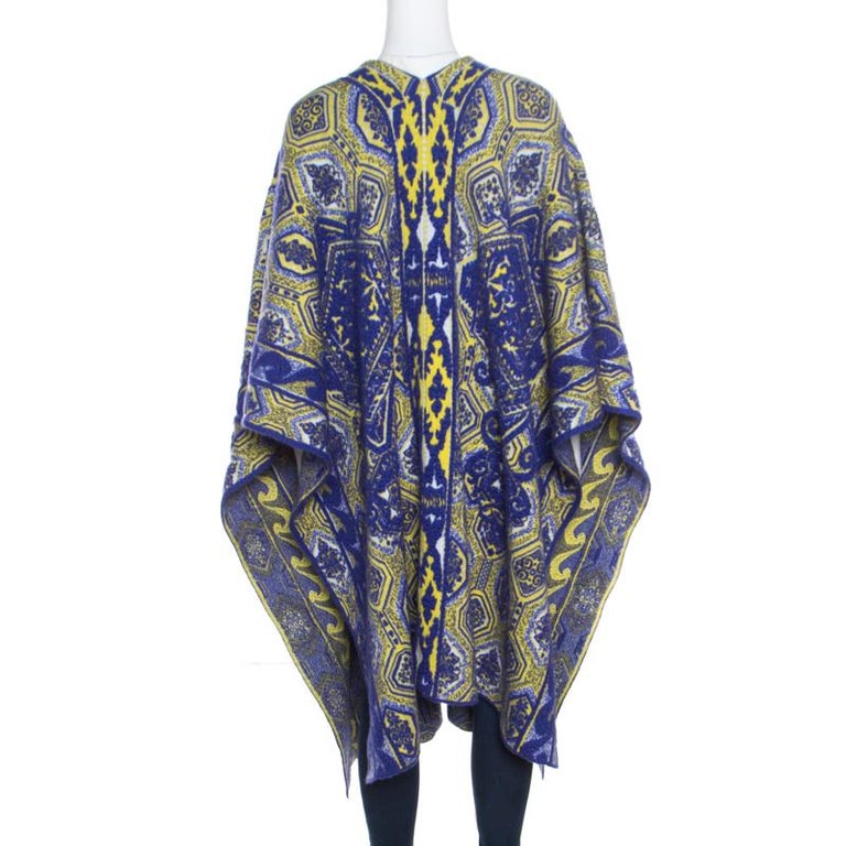 Emilio Pucci Blue and Neon Yellow Patterned Jacquard Knit Poncho S For ...