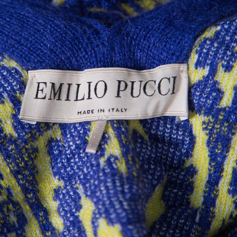 Emilio Pucci Blue and Neon Yellow Patterned Jacquard Knit Poncho S In Good Condition In Dubai, Al Qouz 2