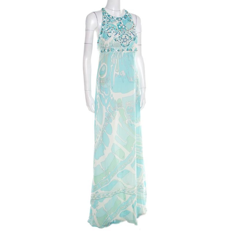 Emilio Pucci Blue and White Embellished Silk Cutout Back Detail Maxi Dress M In Good Condition In Dubai, Al Qouz 2
