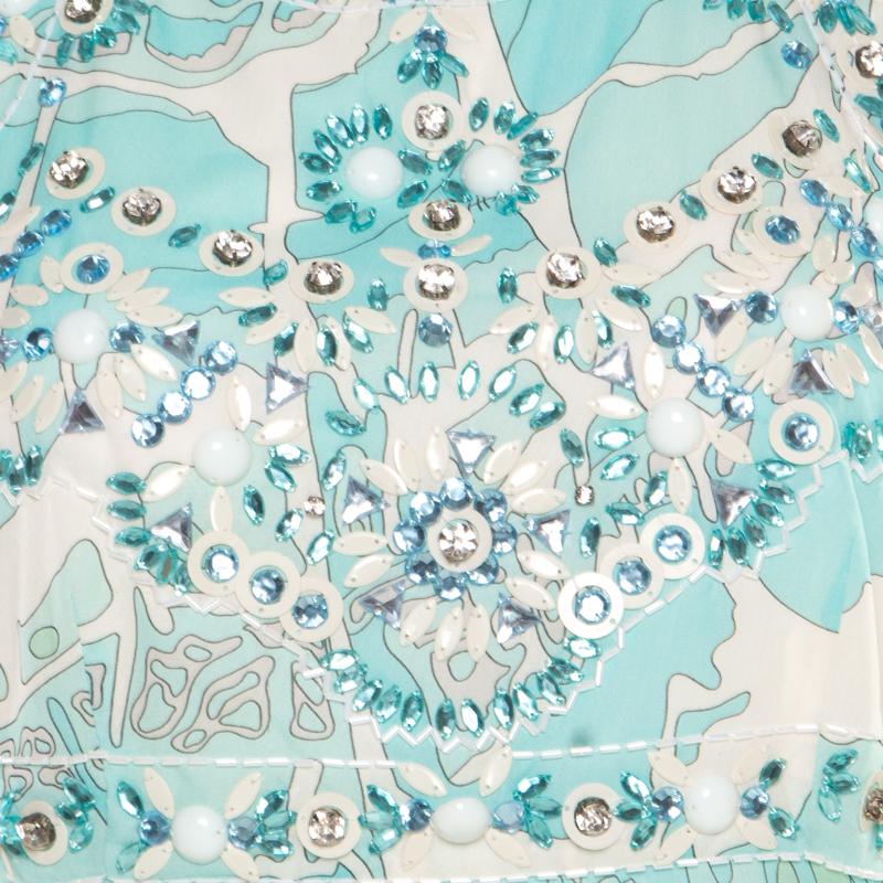 Emilio Pucci Blue and White Embellished Silk Cutout Back Detail Maxi Dress M 3