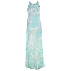 Emilio Pucci Blue and White Embellished Silk Cutout Back Detail Maxi Dress M