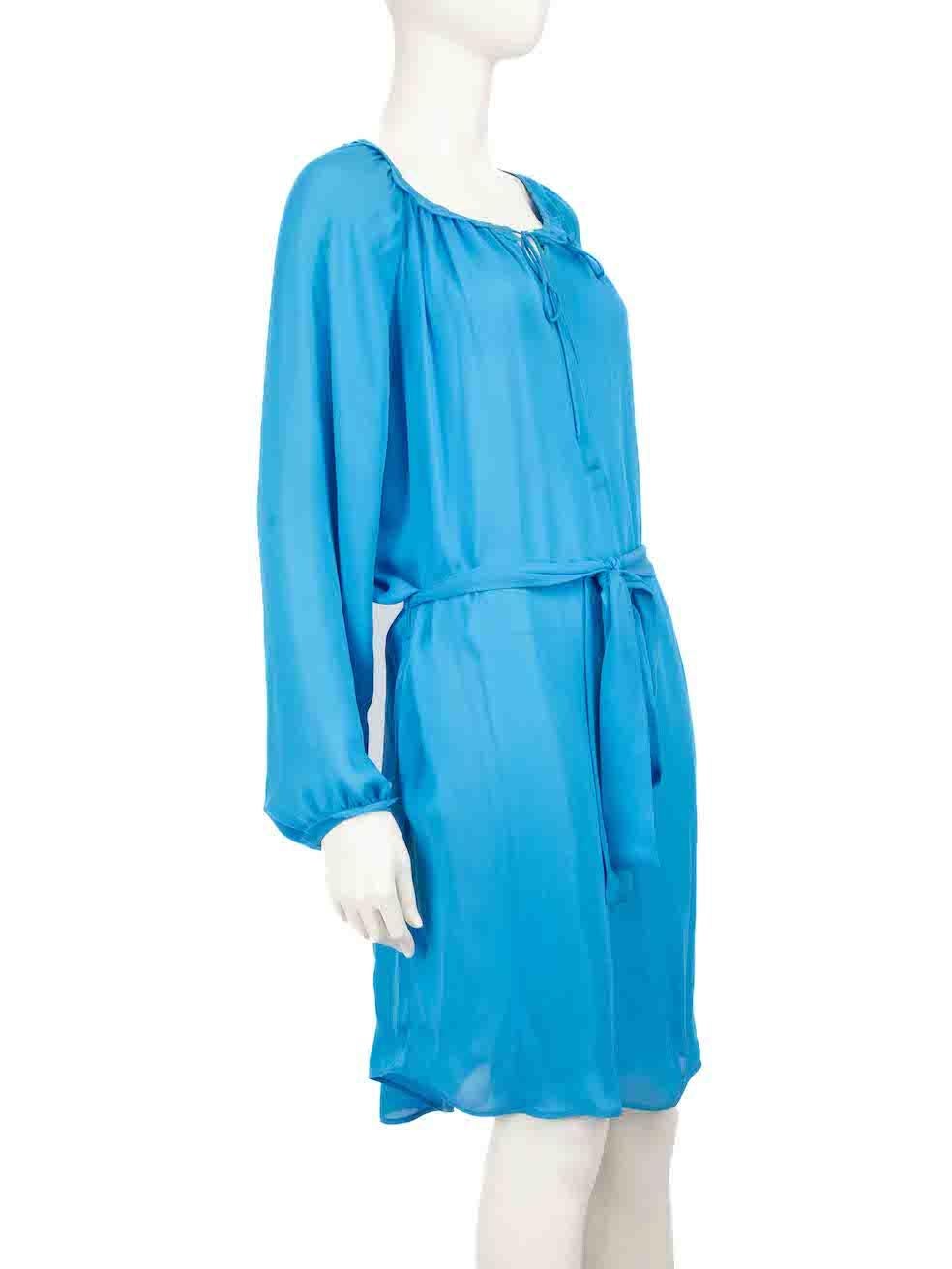 CONDITION is Very good. Minimal wear to dress is evident. Minimal wear to the neckline is seen with discolouration marks on this used Emilio Pucci designer resale item.
 
 
 
 Details
 
 
 Blue
 
 Silk
 
 Mini dress
 
 Sheer
 
 V neckline
 
 Front