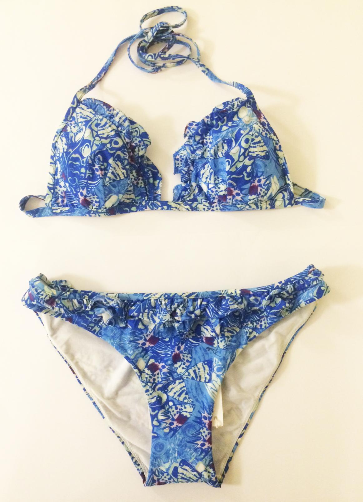 Emilio Pucci new with tags blue bikini bathing suit in a print that looks like butterfly wings. Ruffle trim. Halter tie at top and Pucci emblem closure at back. 

72% nylon, 28% elastane. Fully lined.

Made in Italy.

Size It 42, approximate US 4/6.