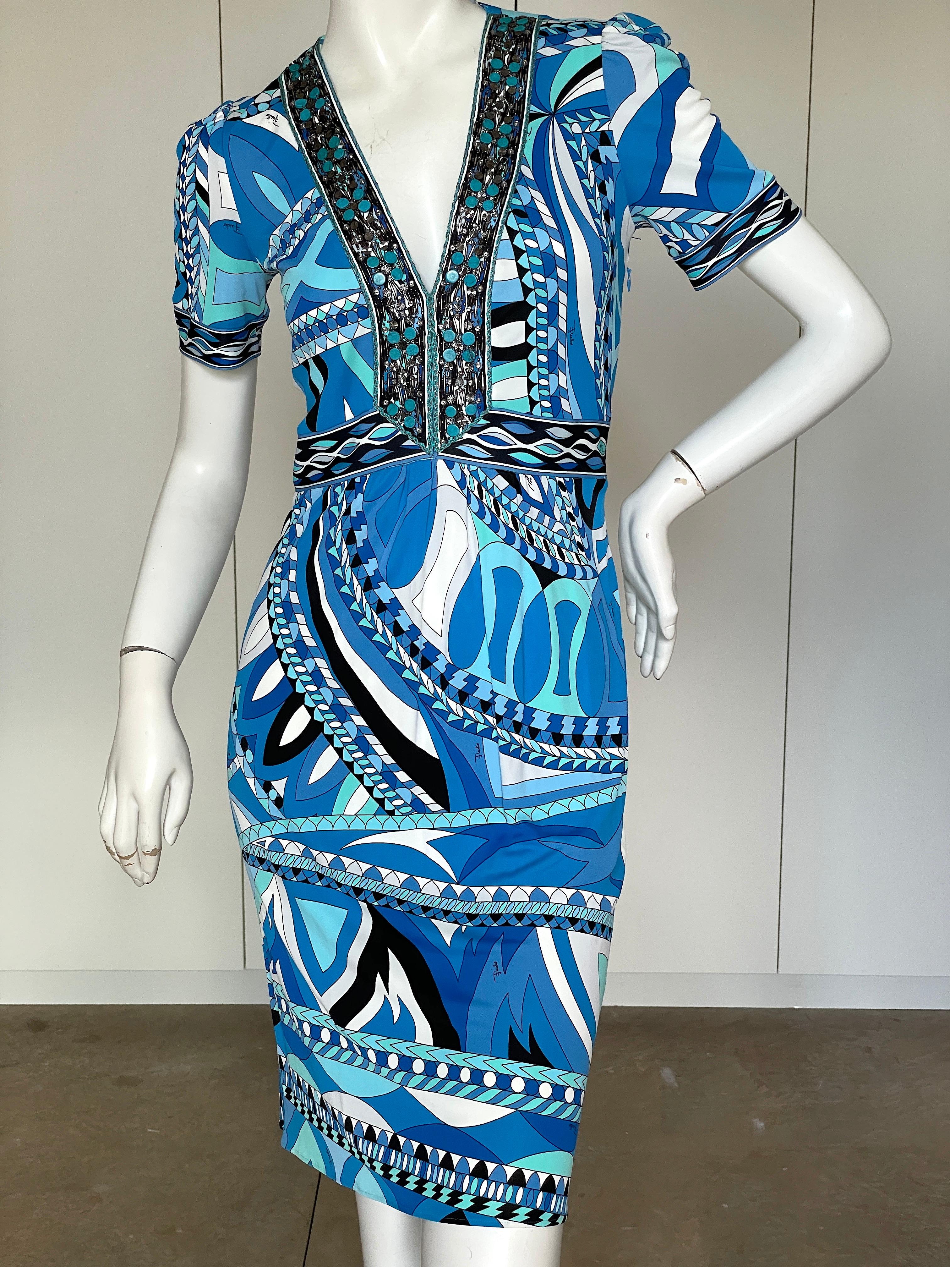 Emilio Pucci Lacroix Era Blue Embellished Cocktail Dress.
  So pretty , please use the zoom feature to see details.
Size 6
Bust 34