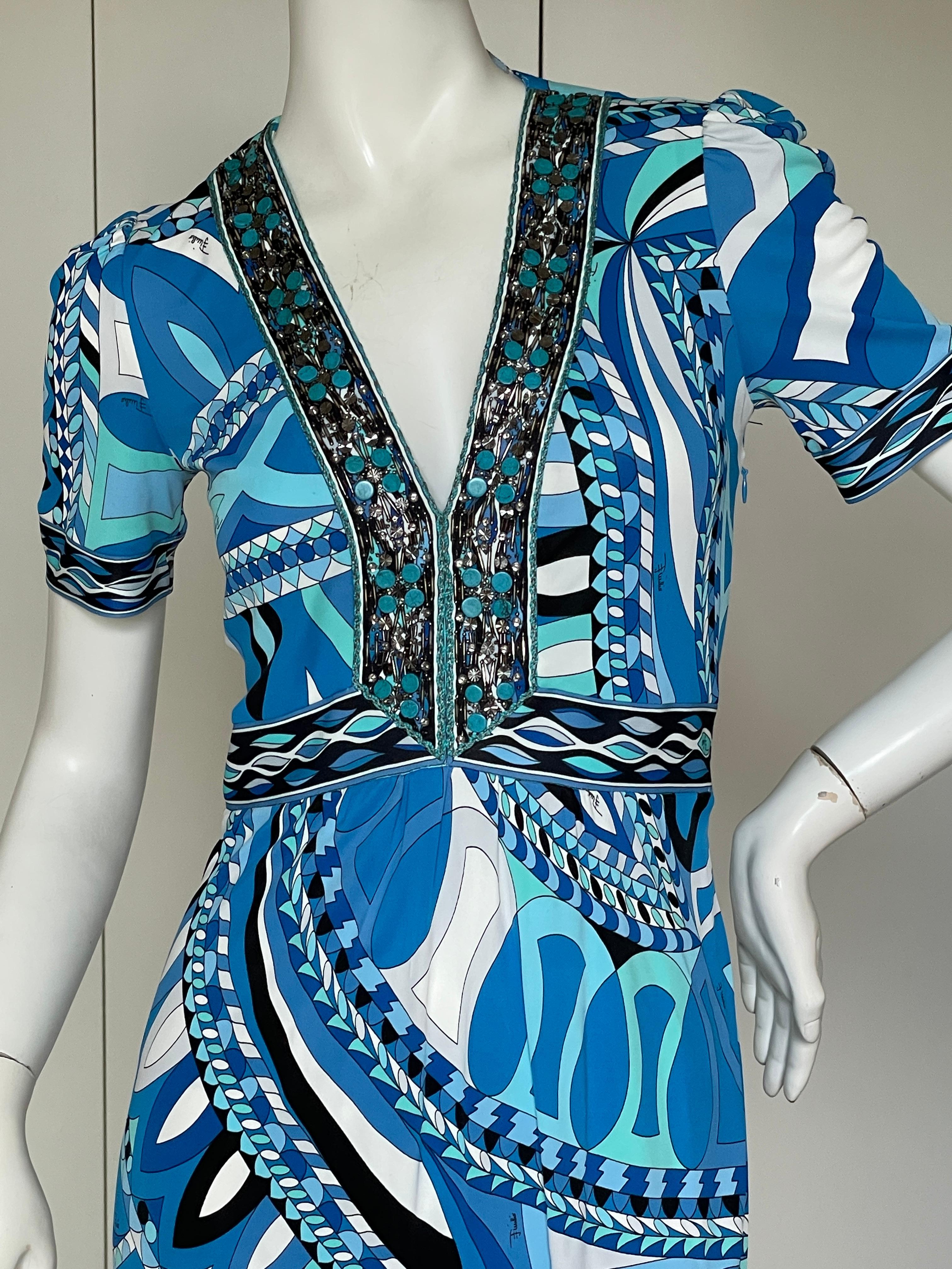 Emilio Pucci Blue Embellished Cocktail Dress from the Lacroix Era  In Excellent Condition For Sale In Cloverdale, CA