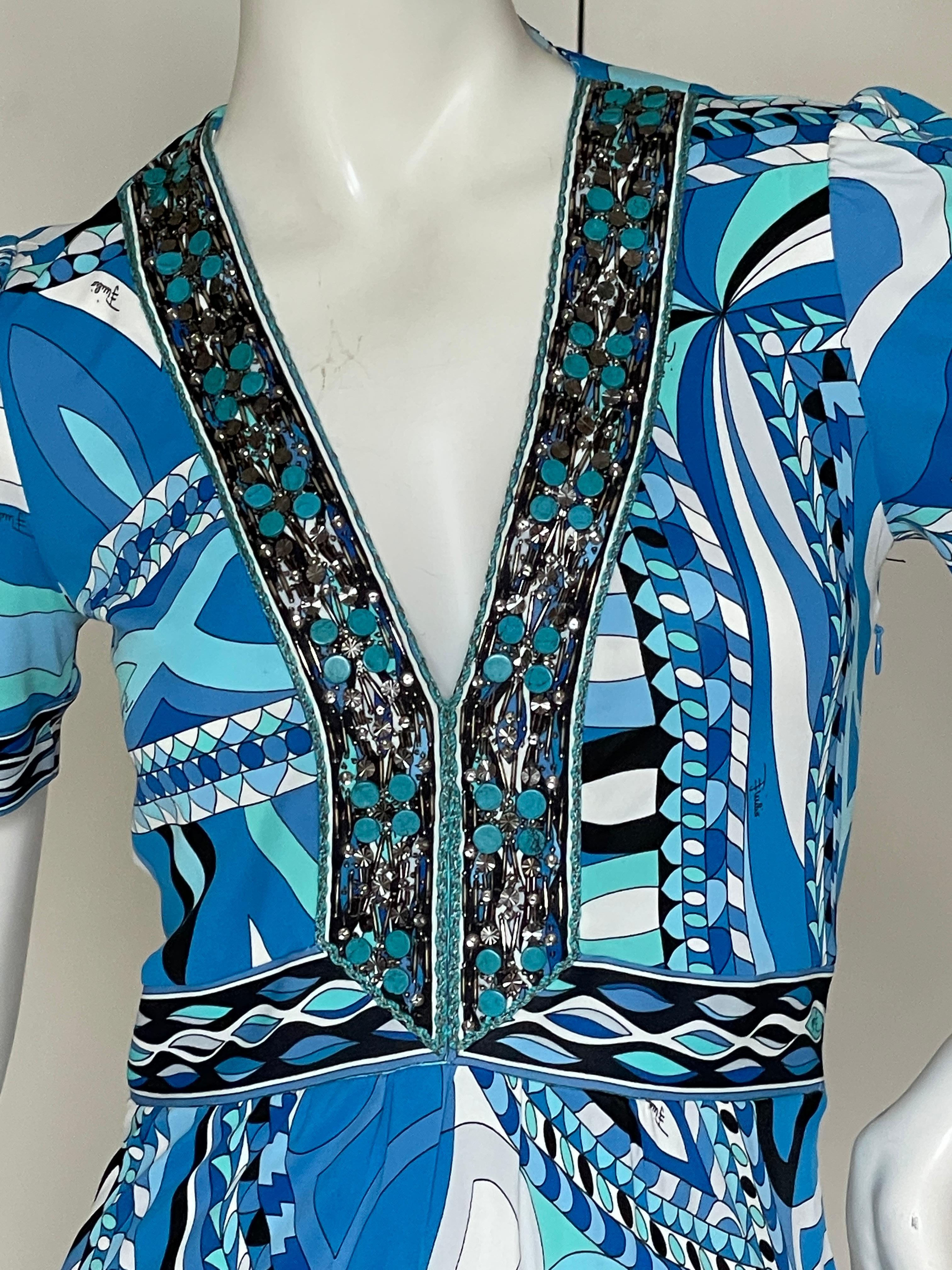 Women's Emilio Pucci Blue Embellished Cocktail Dress from the Lacroix Era  For Sale