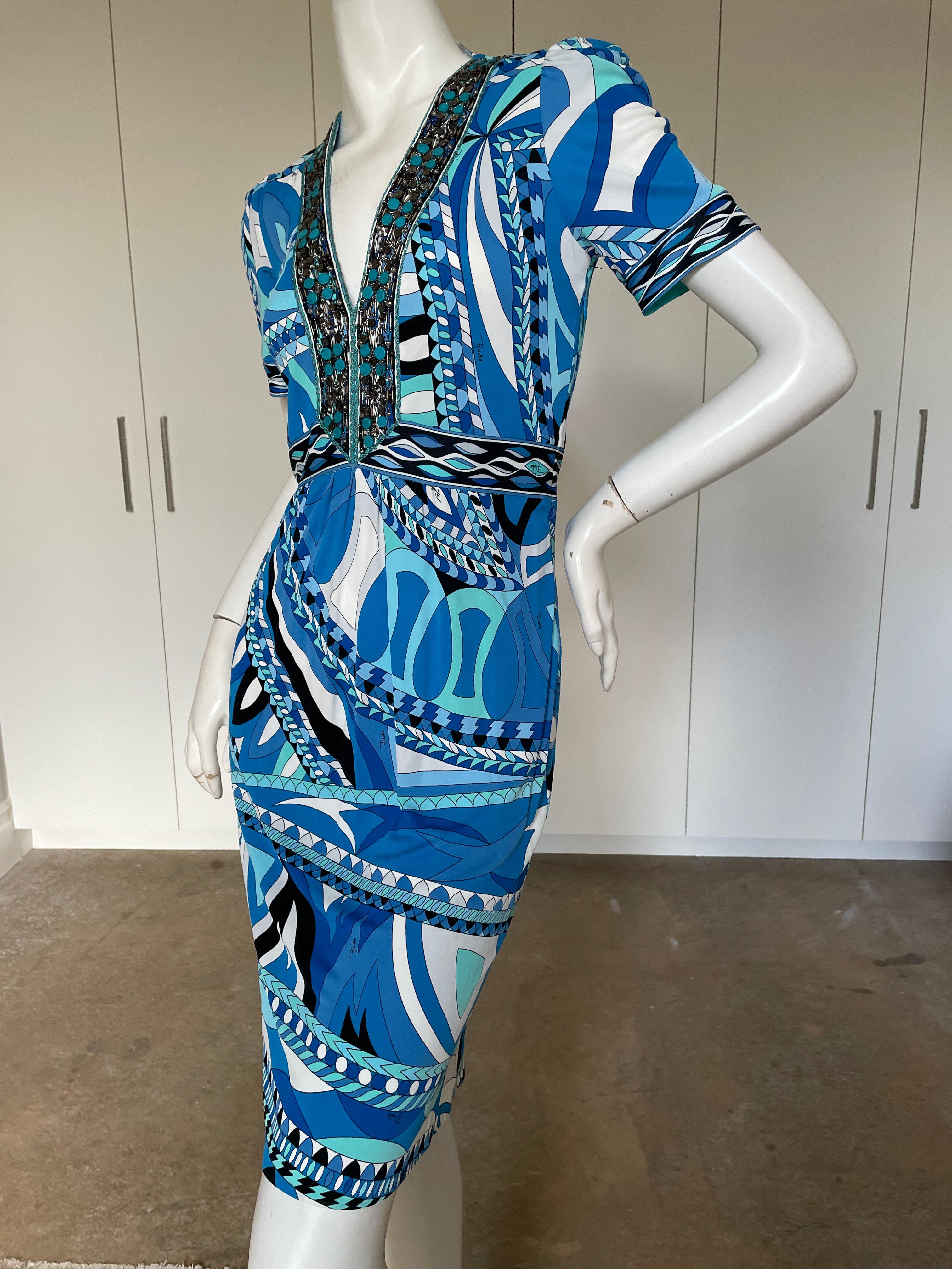 Emilio Pucci Blue Embellished Cocktail Dress from the Lacroix Era  For Sale 1