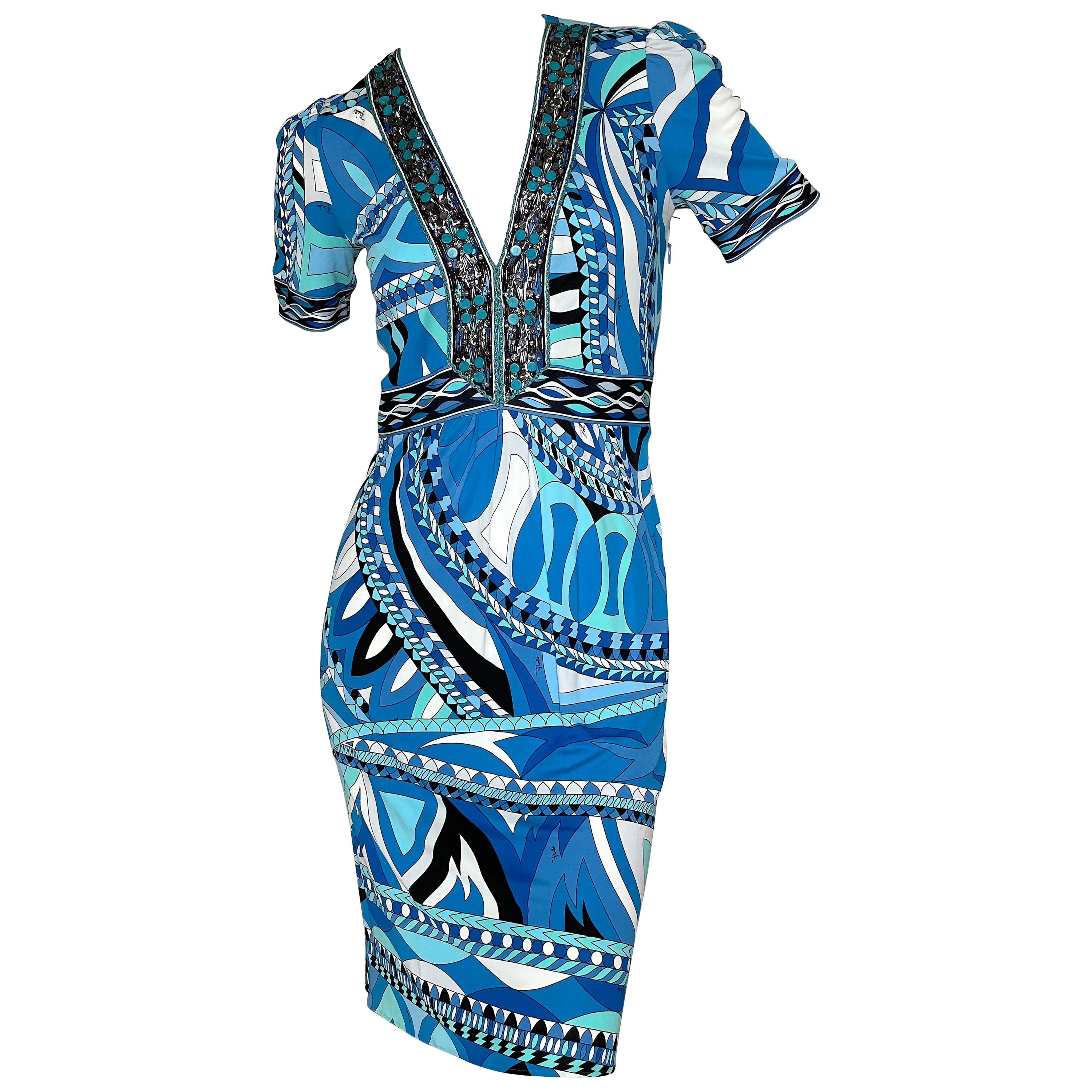 Emilio Pucci Blue Embellished Cocktail Dress from the Lacroix Era  For Sale
