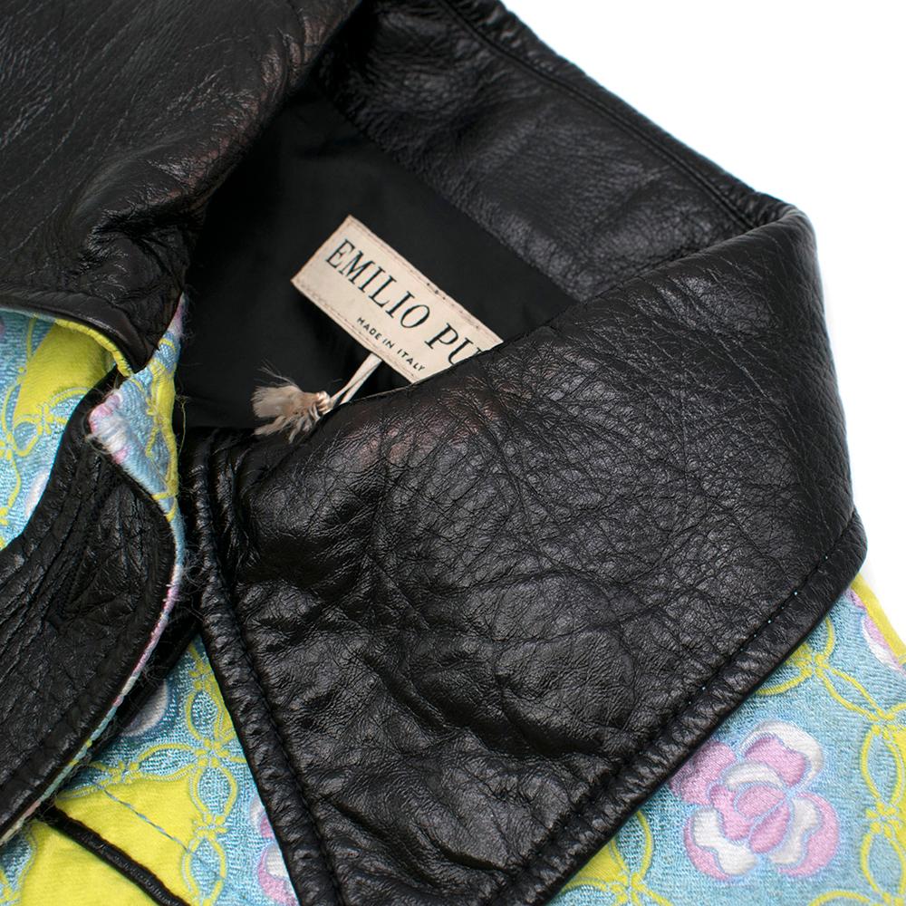 Emilio Pucci Blue & Green Floral Jacquard Jacket with Leather Trim - Us Size 4  In New Condition For Sale In London, GB