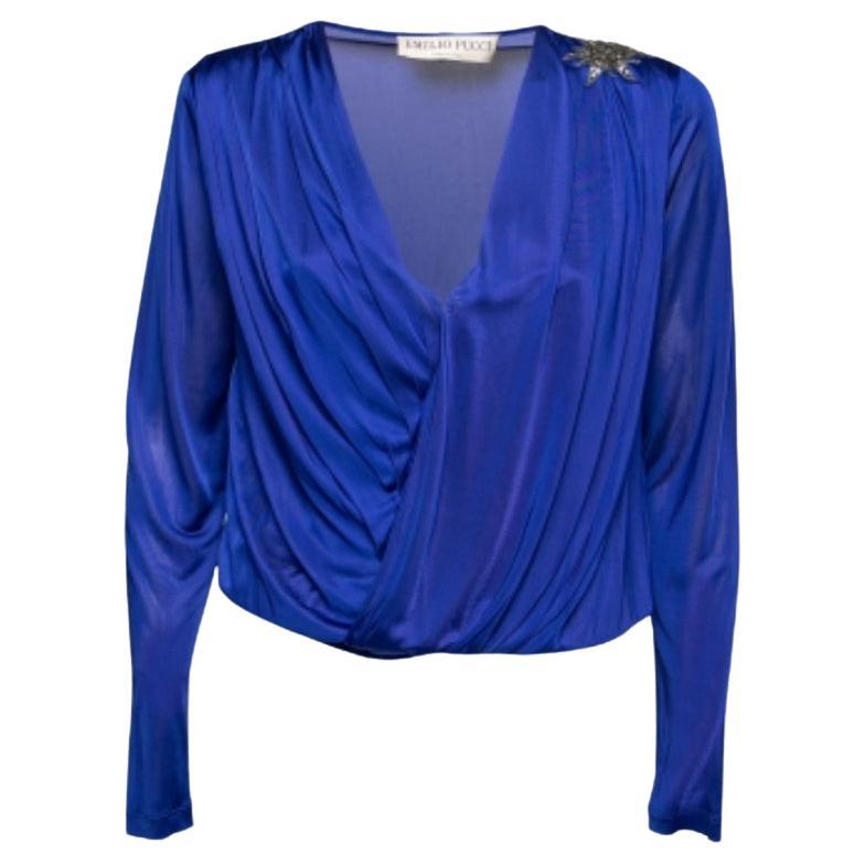 Emilio Pucci Camicetta plissettata effetto wrap in jersey blu M.