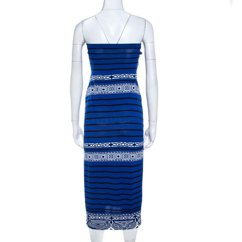 Emilio Pucci Blue Knit Aztec Pattern Strapless Dress S In Fair Condition In Dubai, Al Qouz 2