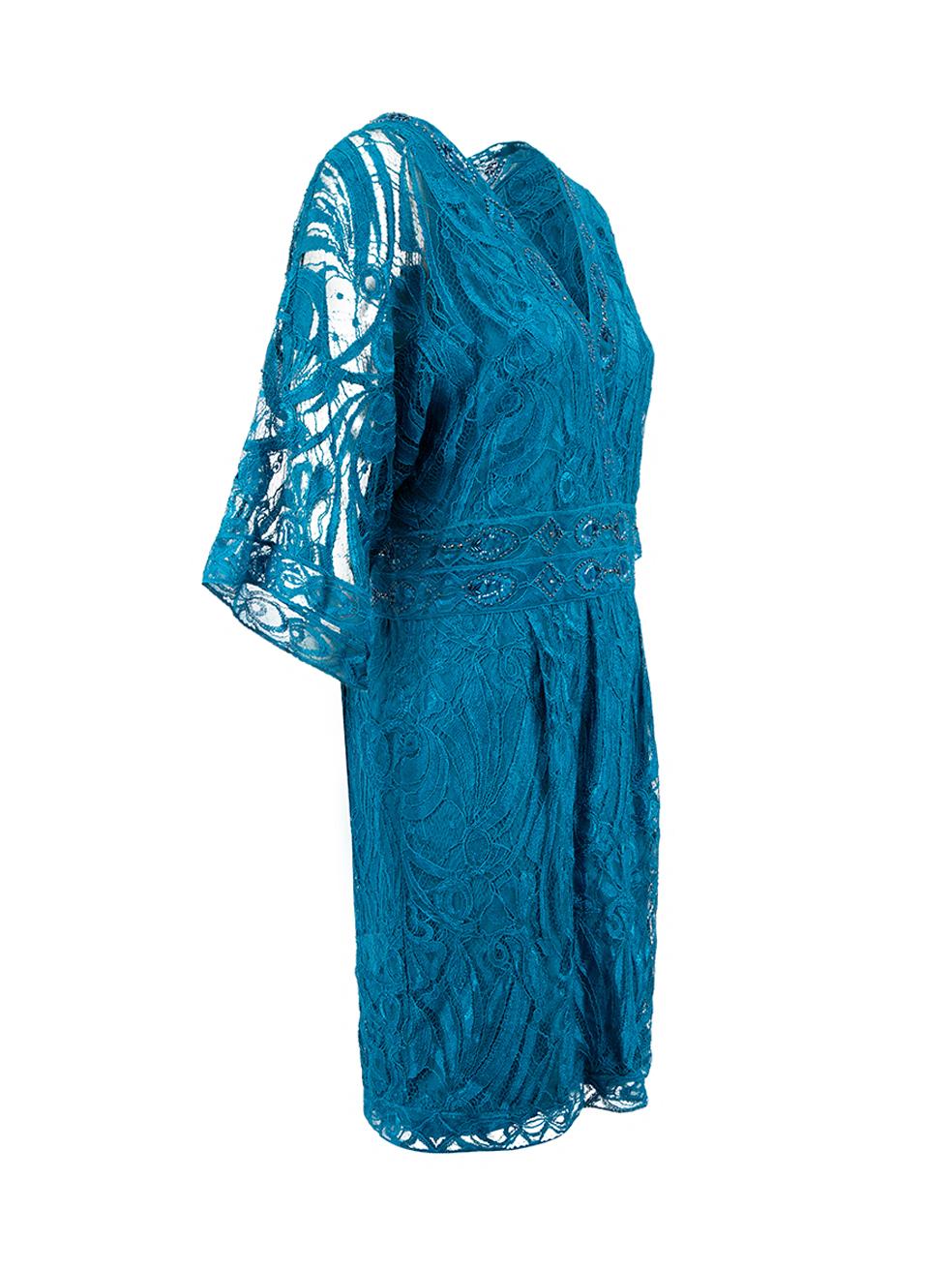 CONDITION is Very good. Minimal wear to dress is evident. Minimal wear to lace overlay with very minor fraying in spots at the hem on this used Emilio Pucci designer resale item.
  
  Details
  Blue
  Viscose
  Dress
  Lace
  V-neck
  Mini
  Sequin